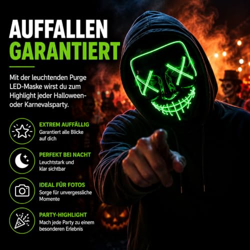 Detalle de Costumed Purge LED-Maske in Grün mit steuerbaren Leuchtmodi für Halloween