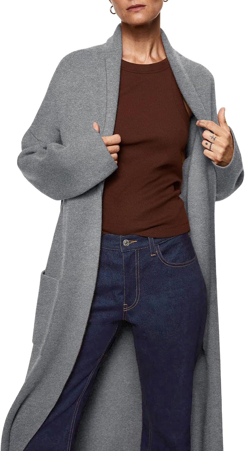 Detalle 2 de Fazortev Women's Maxi Knit Cardigan, Oversized Open Front with Lapel and Pockets