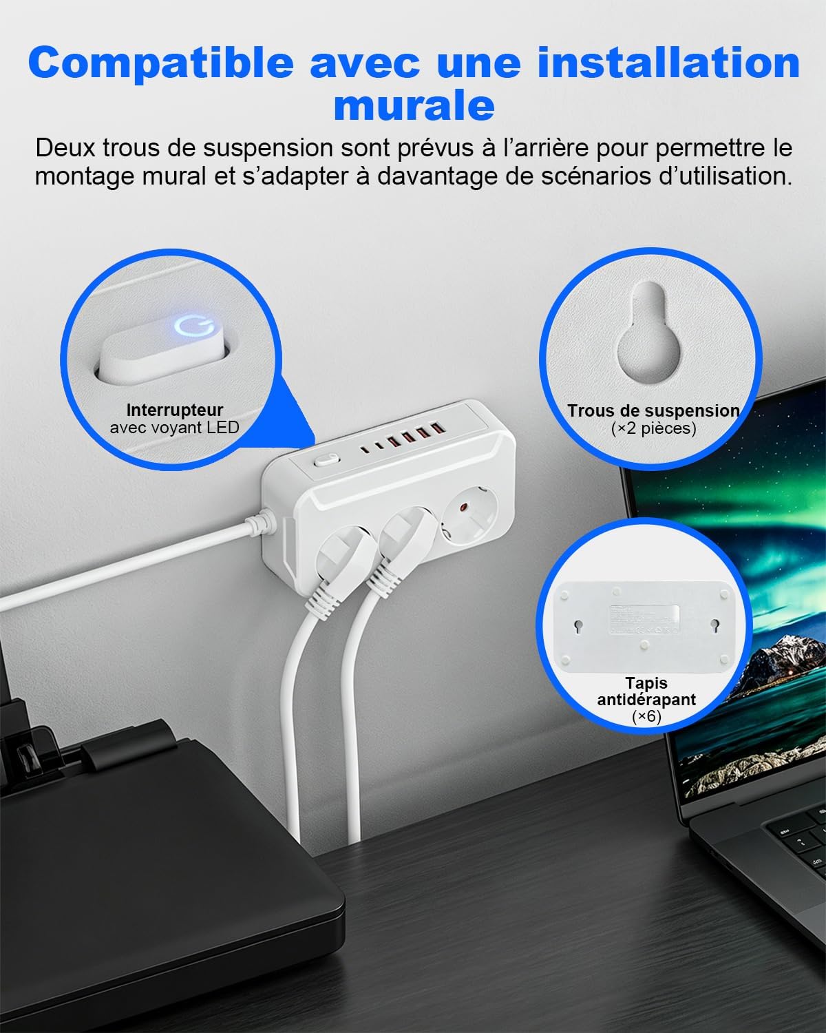 Detalle 1 de Jonurphy stekkerdoos met 3 stopcontacten, 6 USB-poorten en schakelaar