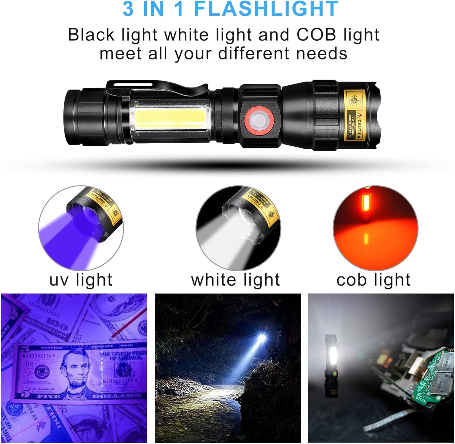 Detalle 2 de DARKBEAM Torcia UV 365nm USB Ricaricabile con Base Magnetica e COB Regolabile – Portatile per Controllo Urina Gatto e Rilevamento Fluorescente
