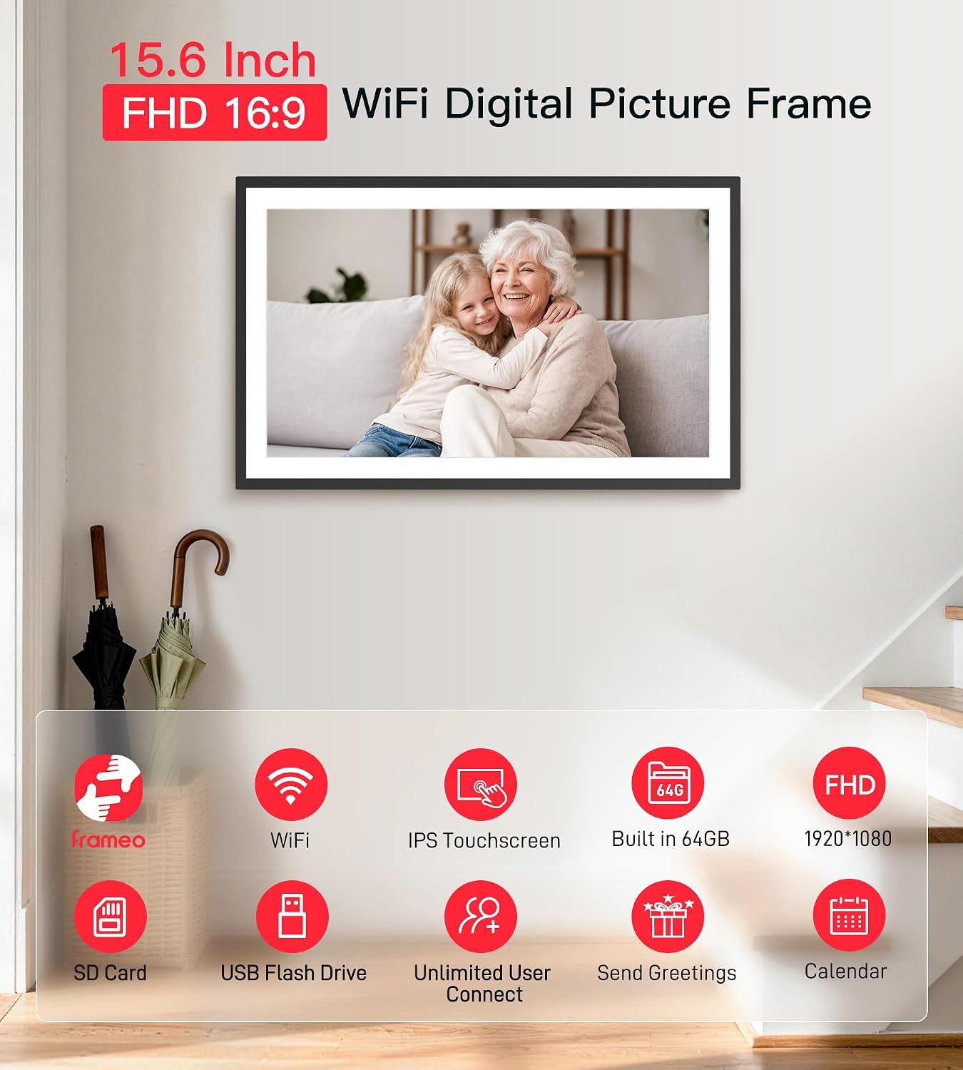 Detalle de BIGASUO 159K 15.6-Inch Digital Picture Frame, 64GB Wi-Fi, FHD Touchscreen