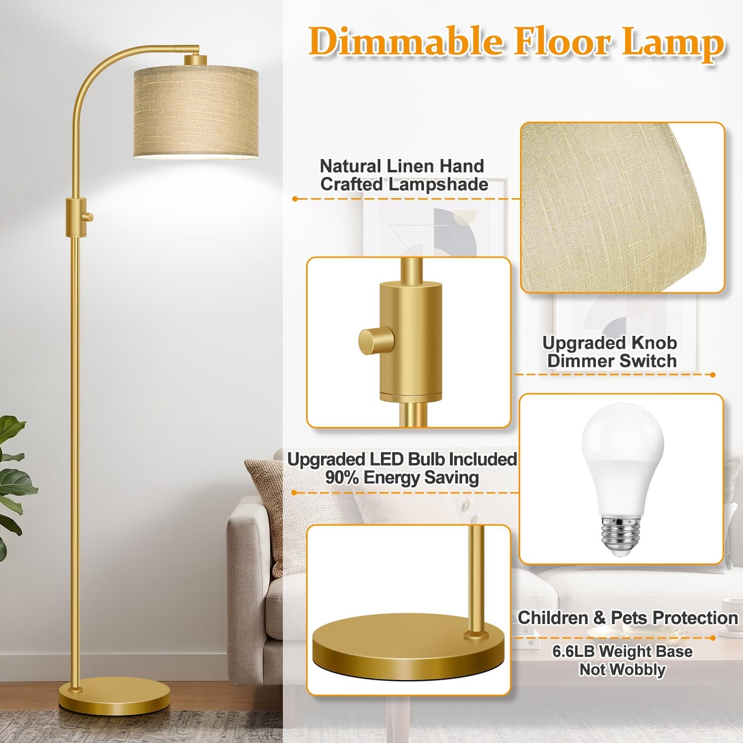 Thumbnail 3 de Nintiue Dimmable Gold Floor Lamp with Adjustable Arc Shade and 1200-Lumen LED Bulb