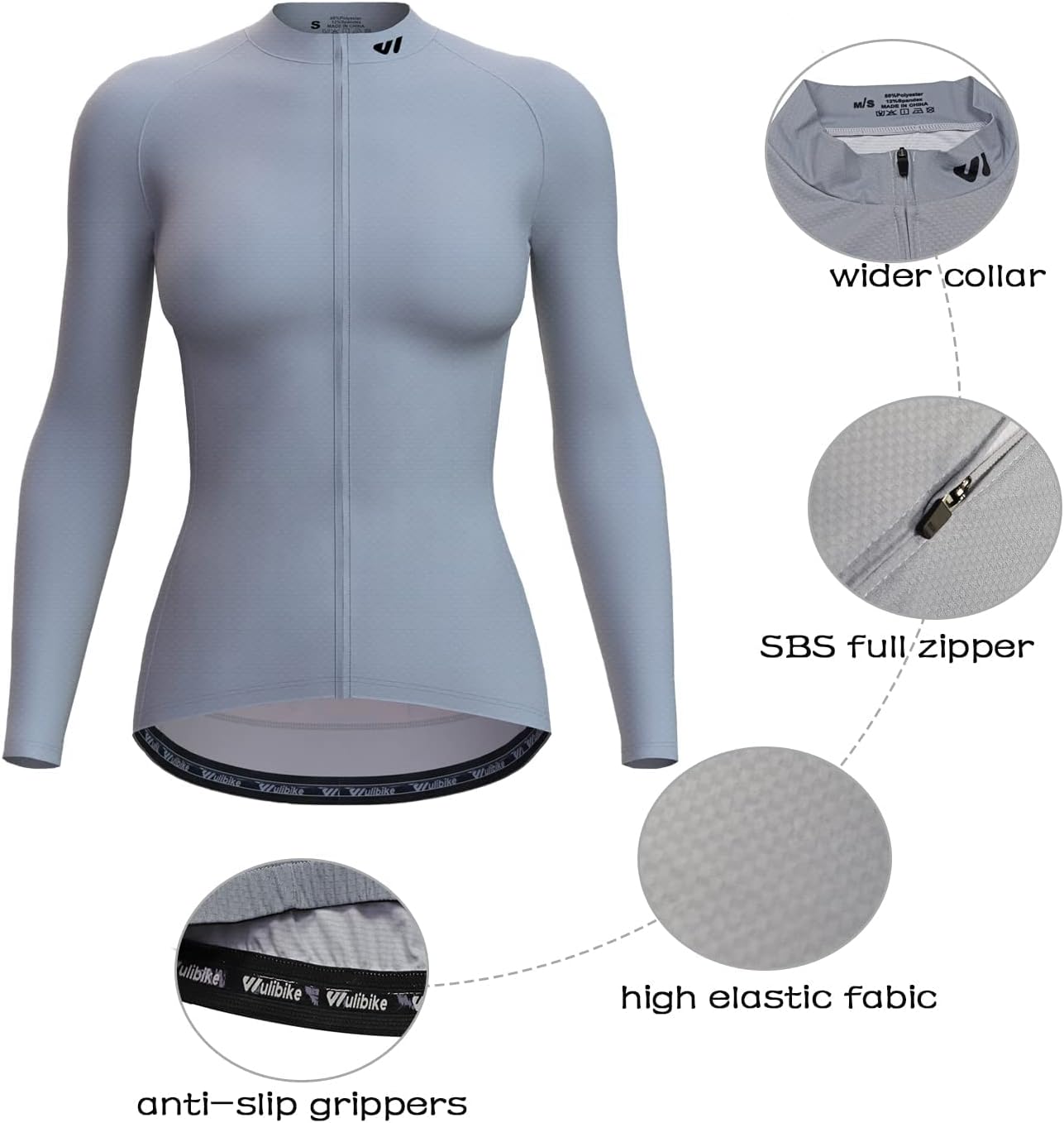 Detalle de Wulibike Damen Langarm Radtrikot mit 3 Rückentaschen – atmungsaktives, schnelltrocknendes Fahrradtrikot