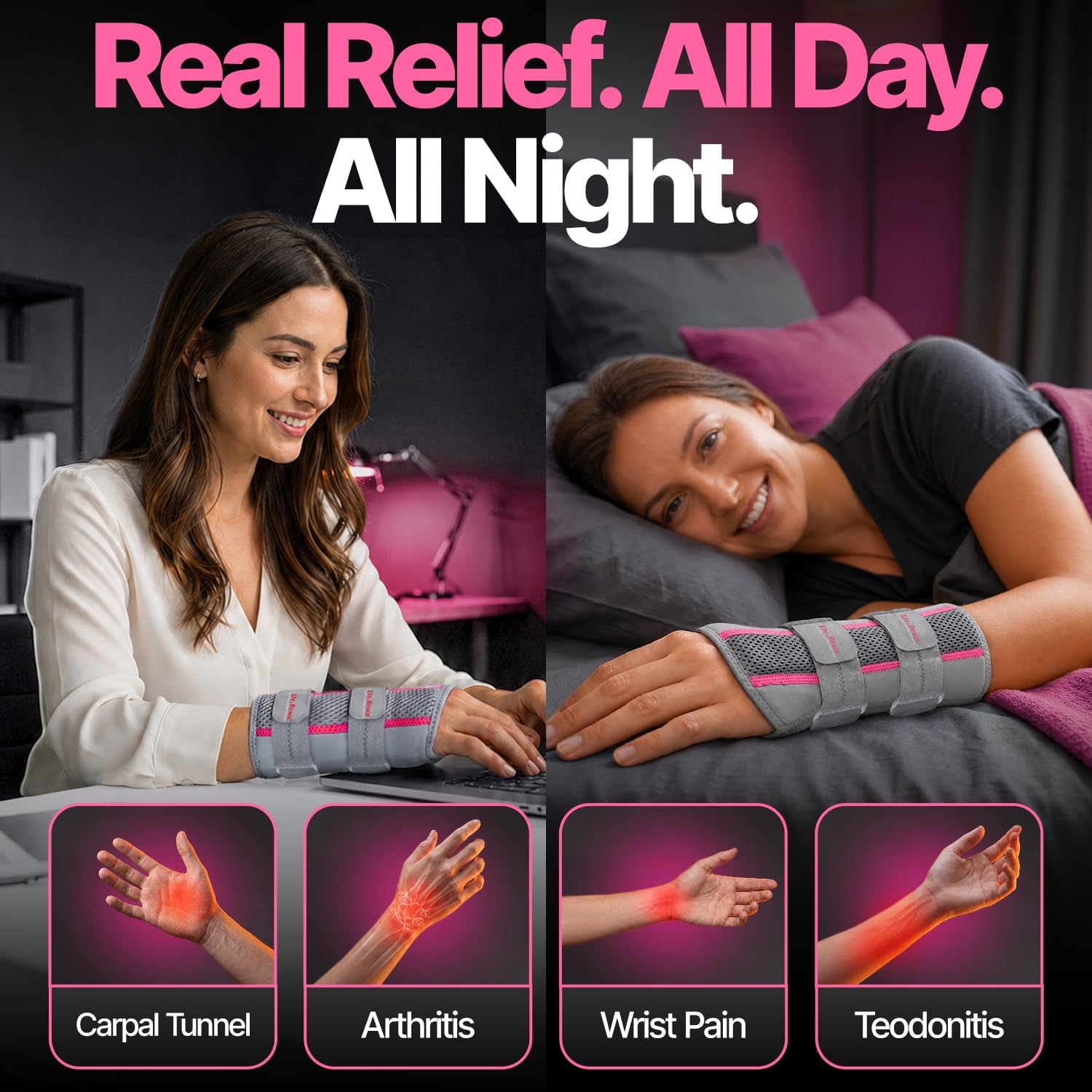 Thumbnail 2 de DR. BRACE Day & Night Wrist Brace, Right Hand, S/M, Grey-Pink