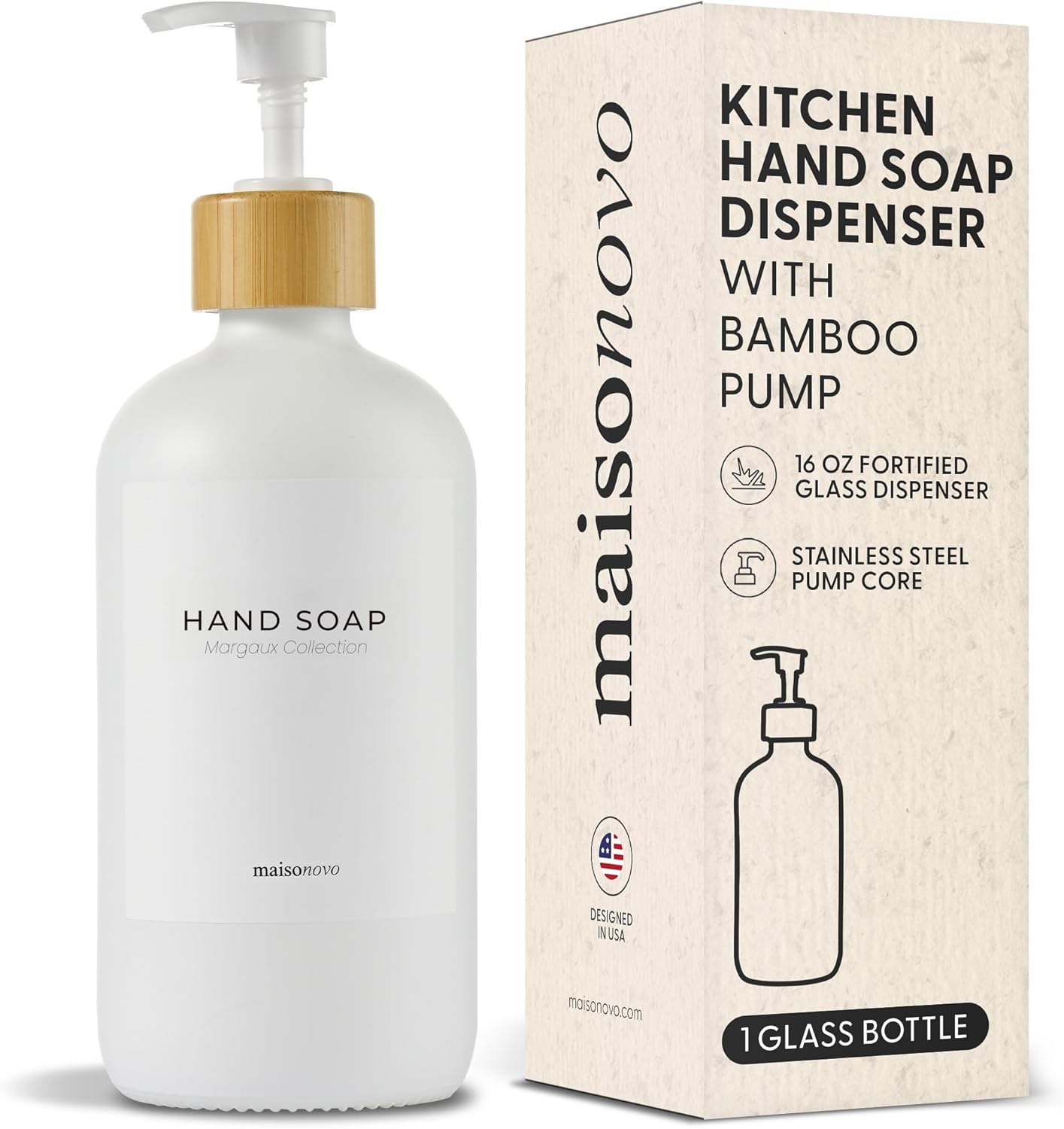 MaisoNovo Distributeur Savon et Liquide Vaisselle – Lot de 2 x 500 ml ambré en verre avec pompe noire et plateau en bambou
