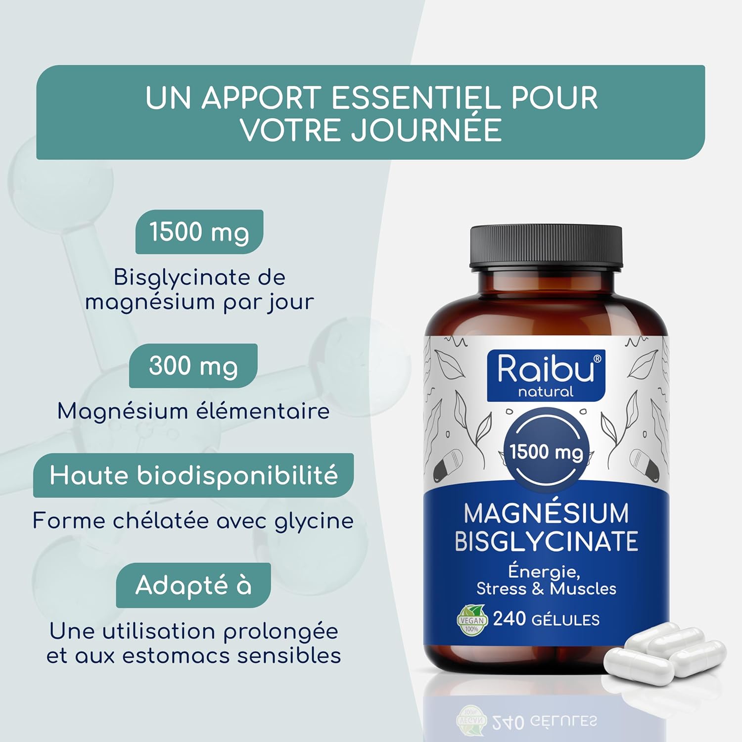 Thumbnail 2 de Magnésium Bisglycinate – 240 gélules (300 mg de magnésium élémentaire par portion) pour stress & fatigue