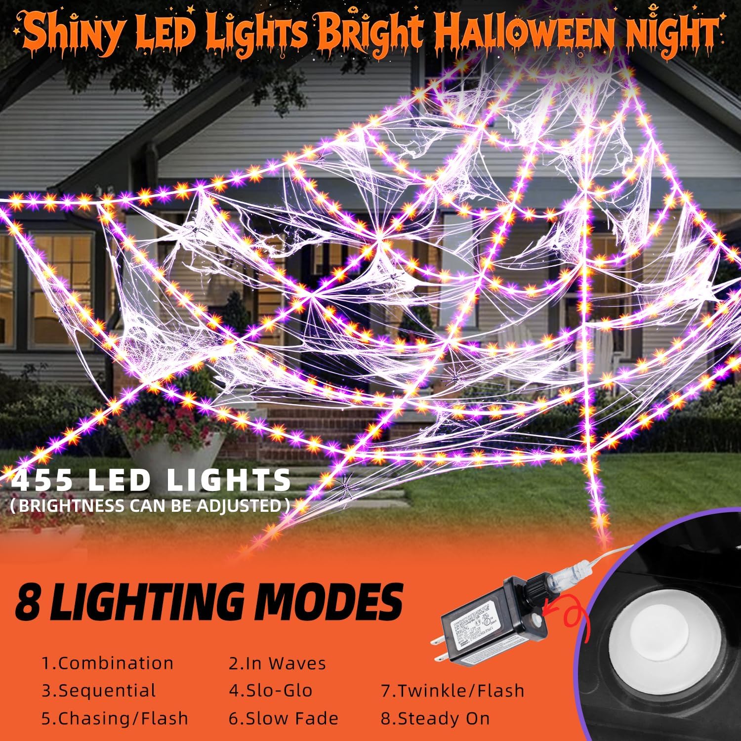 Detalle de AURORAKI SWL-Z04-455-pur-ora Light-Up Spider Web, 16.4-Foot LED Decor