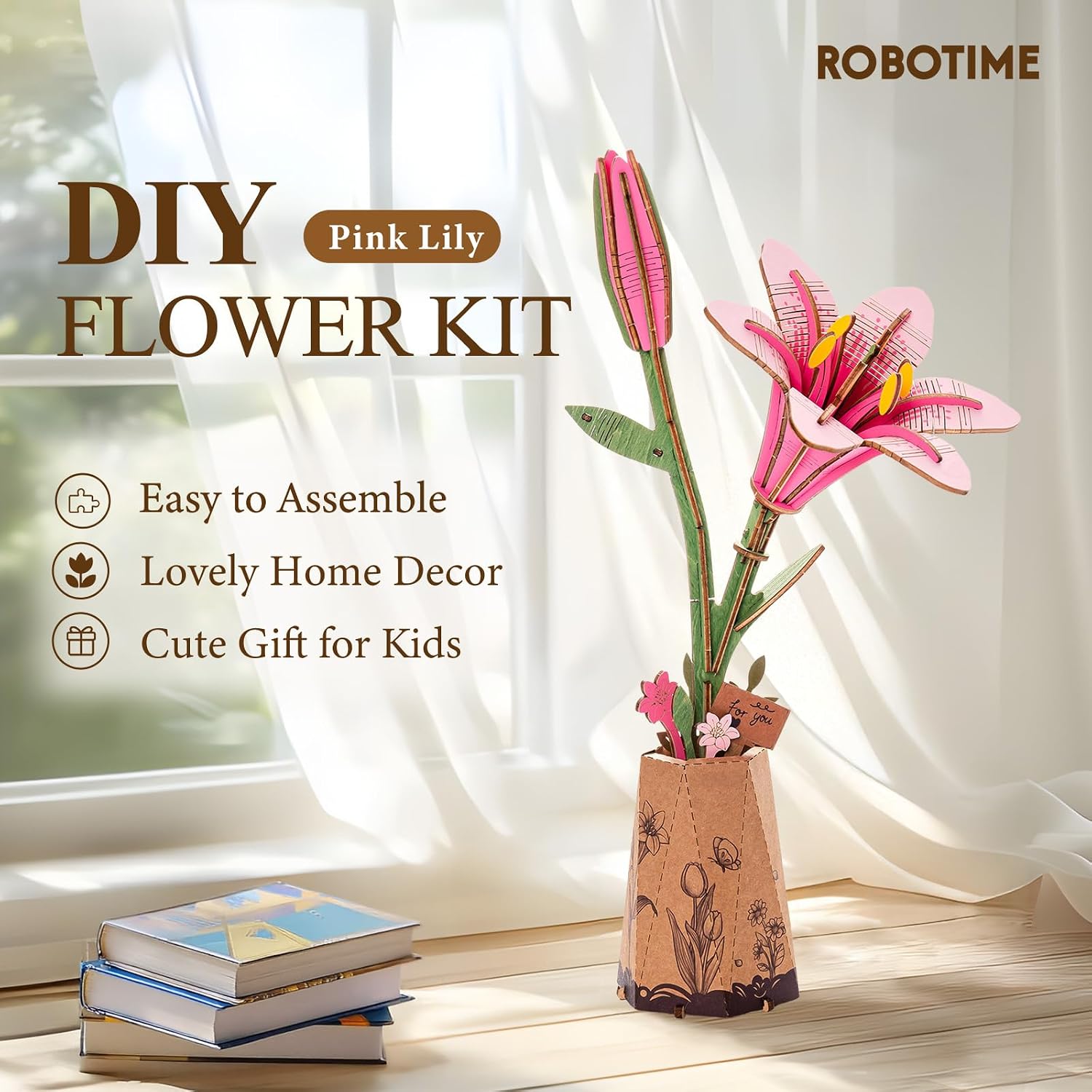 Detalle 2 de ROWOOD 3D Wooden Flower Puzzle DIY kit (artificial flower model to assemble) for home décor & Valentine gifting