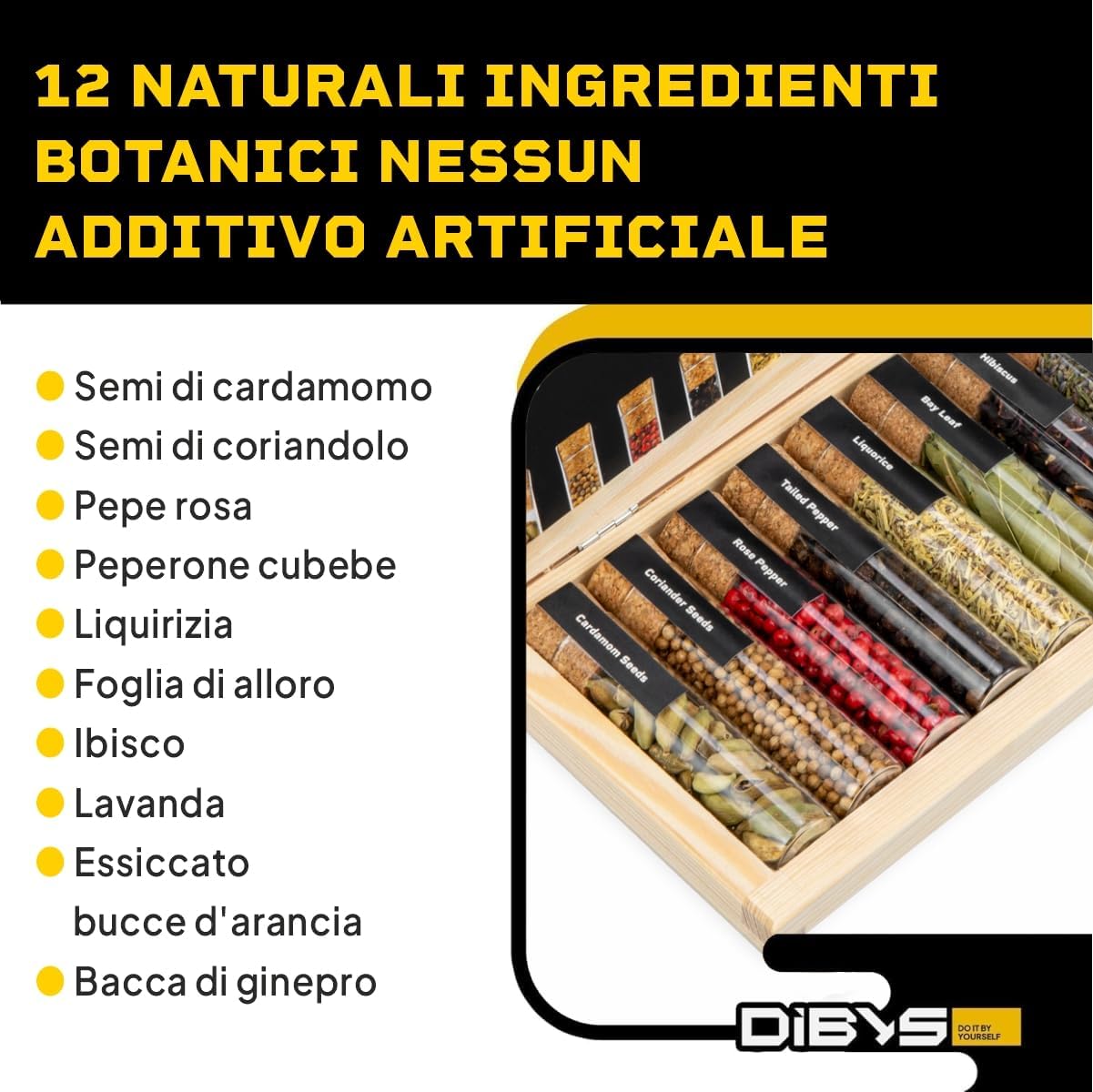 Thumbnail 2 de DIBYS Mini Kit Gin Botanico fai-da-te con 12 spezie naturali, carte ricetta e scatola in legno