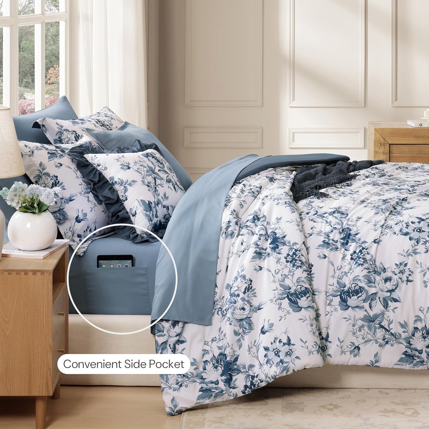 Thumbnail 3 de BLOOMHAVEN Oversized Queen Comforter Set – 7 Pieces Floral Rain Washed Bedding for All Seasons