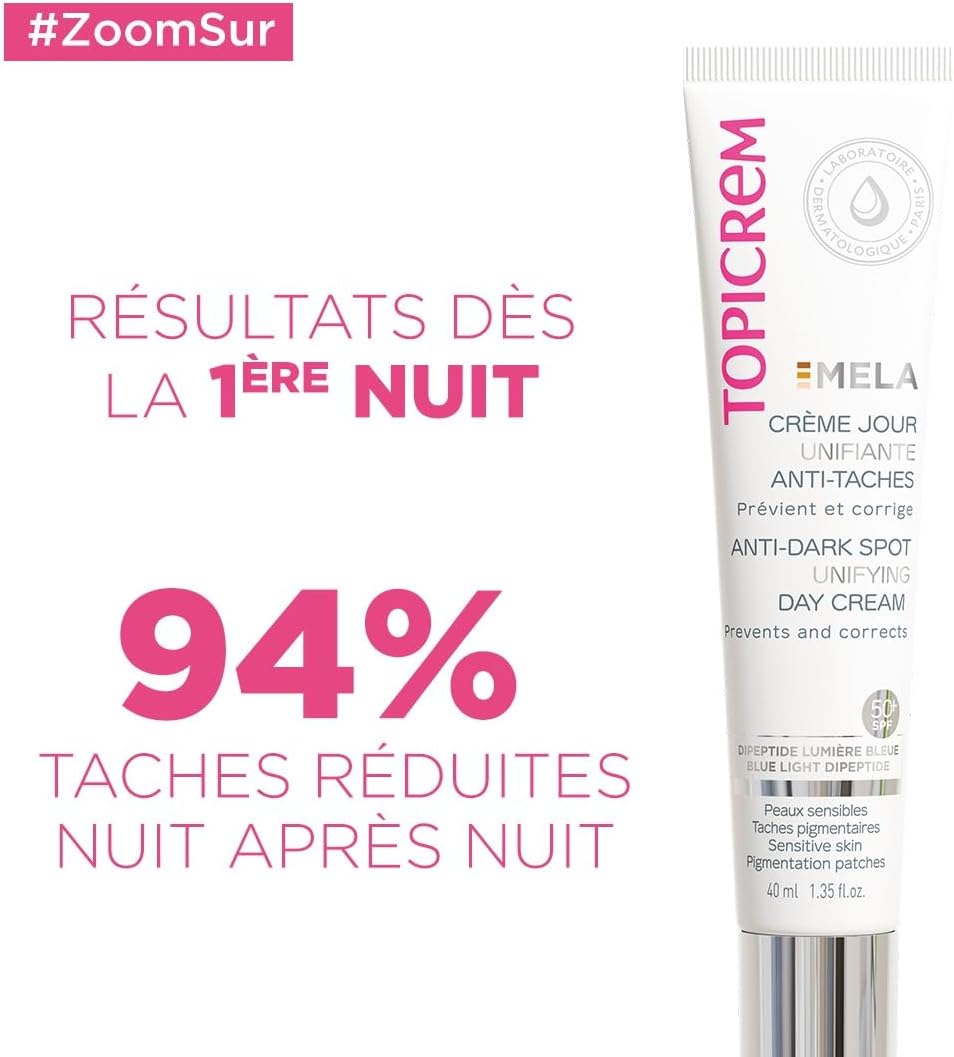 Detalle de Topicrem Mela Crème Jour Unifiante Anti-Taches - Hydrate 24h SPF50+ pour peaux sensibles, 40 ml