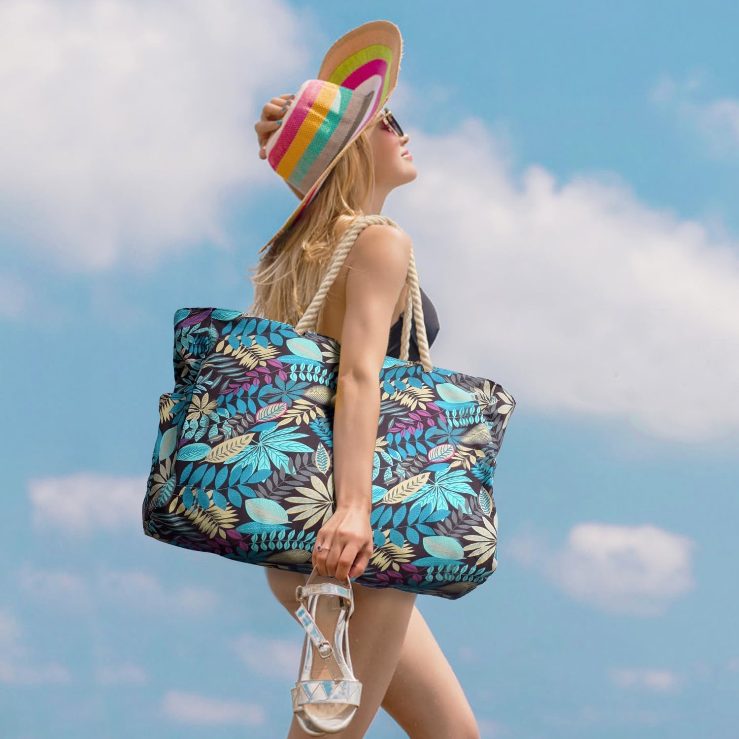 Detalle 2 de Oscaurt Strandtasche XXL (Badetasche/Familie) wasserdicht mit Reißverschluss – faltbare Tote Bag