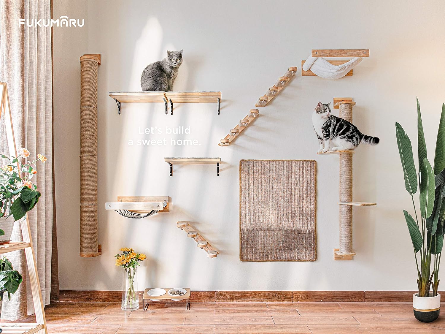 Thumbnail 4 de FUKUMARU Étagère d’escalade murale pour chat à quatre marches avec griffoir en jute