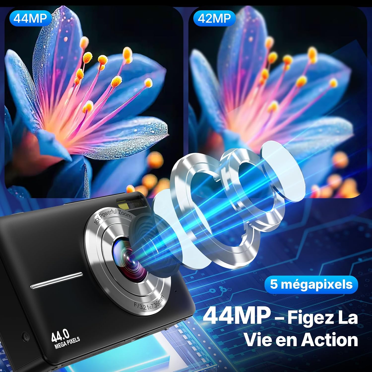 Detalle de Appareil photo numérique compact 44MP : vidéo HD 1080P, écran IPS 2,4”, zoom numérique 16X