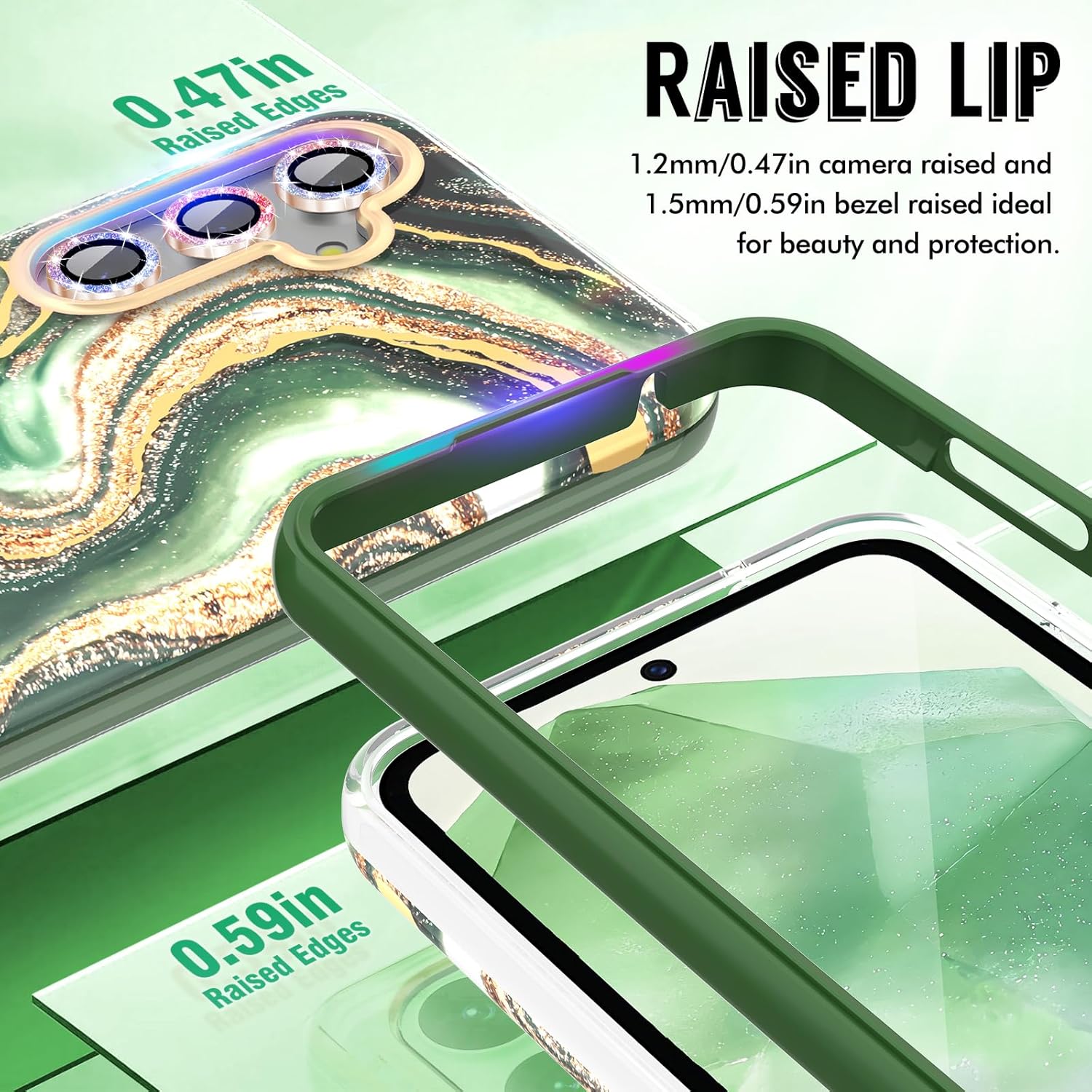 Detalle de SHEDEER Hülle für Samsung Galaxy A55 5G 6,6" – Glitzer, Kameraschutz und Displayschutz, 360° Stoßfestigkeit, Sand Grün