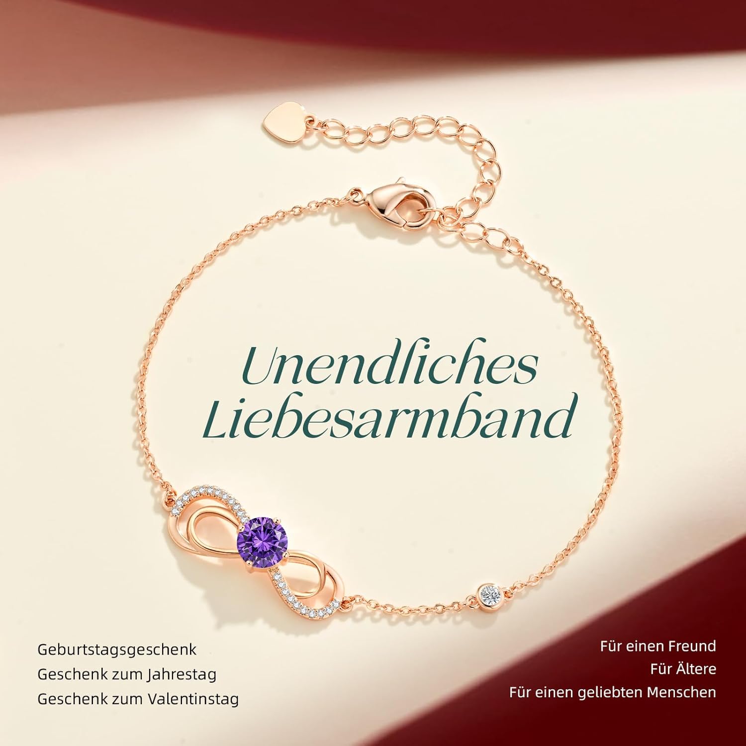 Detalle de CDE Infinity Armband Damen Herz Geburtsstein – Rosegold, verstellbar