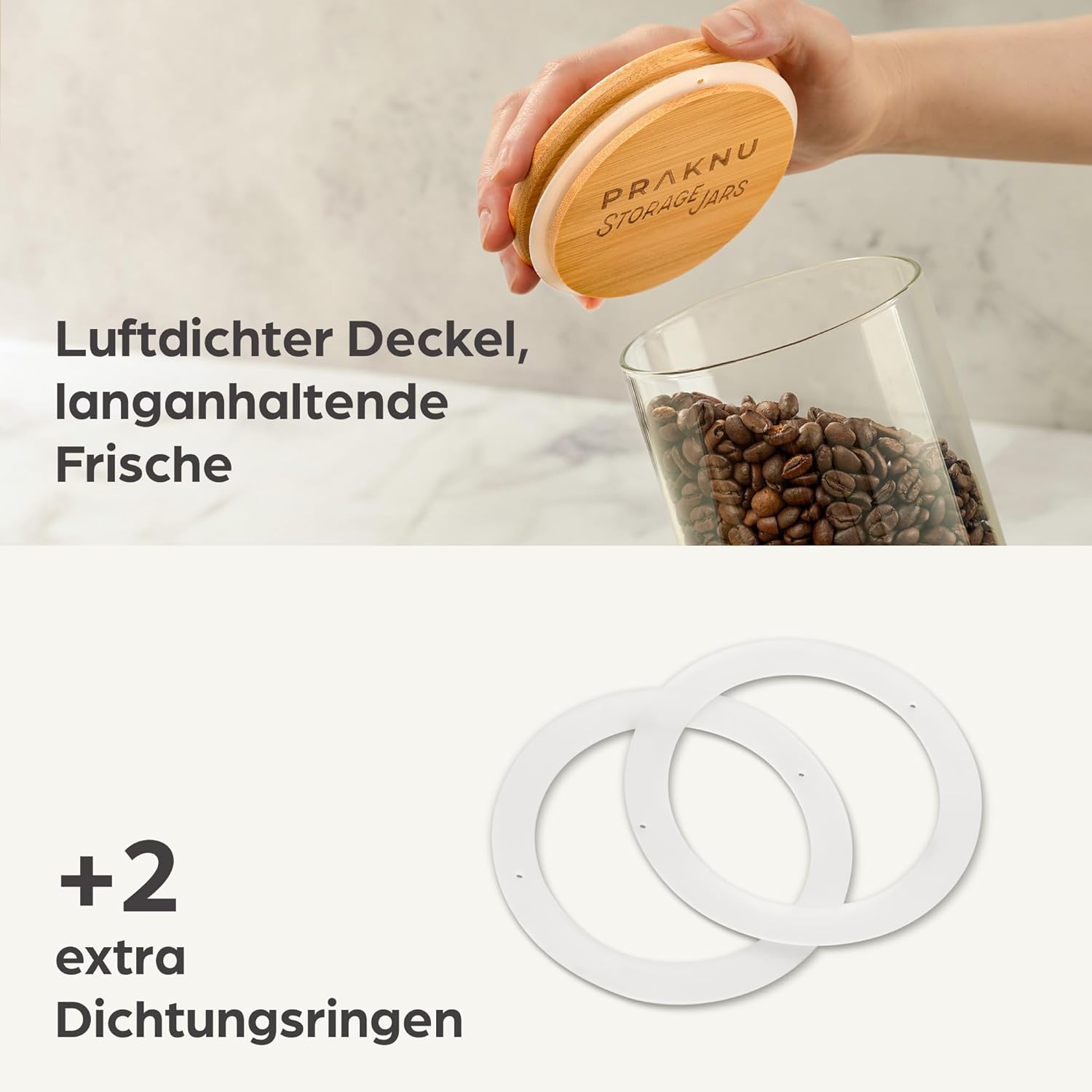 Detalle de Praknu Vorratsdosen mit Deckel für Spaghetti 2er Set – luftdicht, 30 cm Höhe, Bambusdeckel, spülmaschinenfest