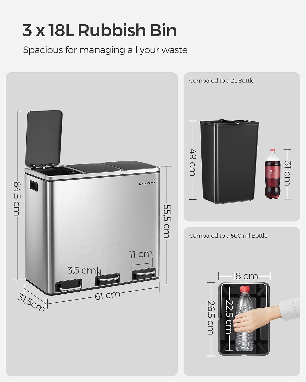 Detalle 2 de SONGMICS ISLAND LTB54NL 3-compartment kitchen bin, 3 x 18 L, pedal