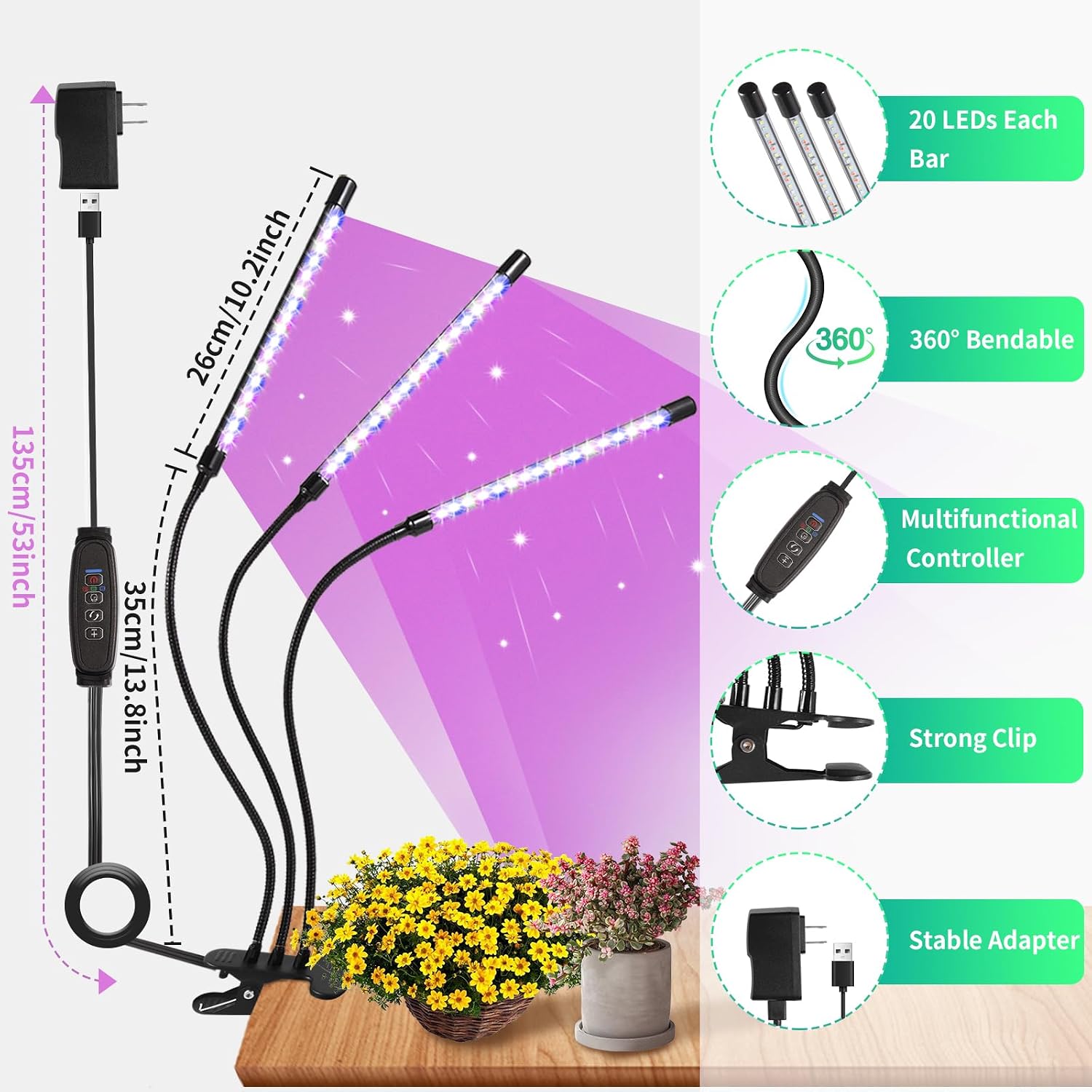 Thumbnail 4 de Railee Pflanzenlampe LED Vollspektrum 3 Köpfe