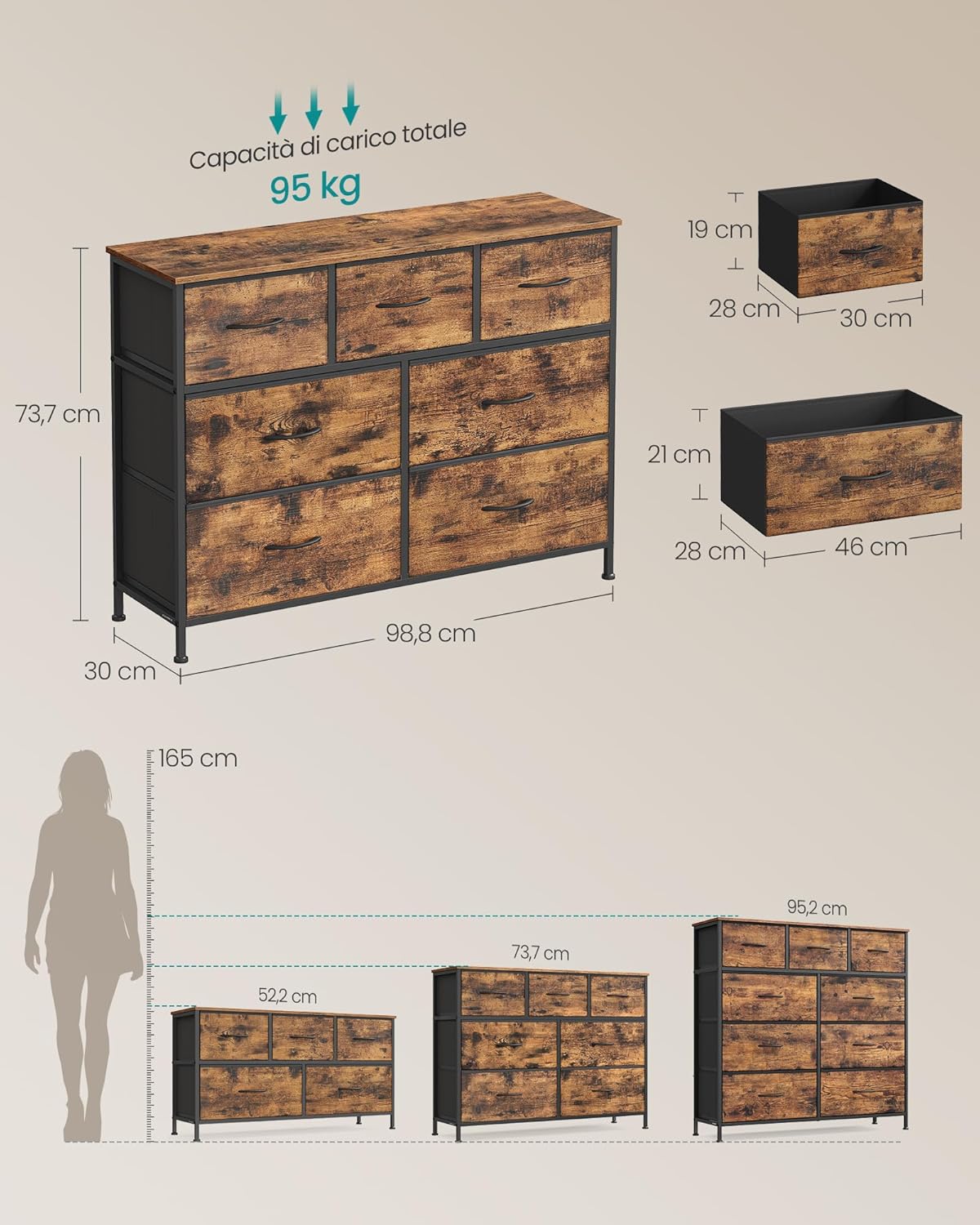 Detalle de SONGMICS BELLAH Collezione - Cassettiera con 7 cassetti in acciaio e legno ingegnerizzato, Marrone Vintage/Nero Inchiostro (LGS323BH04)