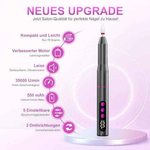 Detalle 2 de POFIBO Nagelfräser kabellos tragbar 35000 U/min – Profi-Nagelgerät für Zuhause