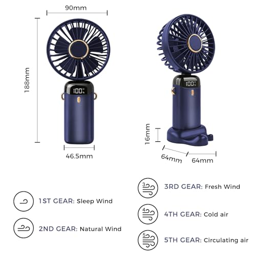 Detalle de Jsdoin Ventilador de mano portátil 5 velocidades + carga USB, diseño plegable con pantalla LED (Azul)