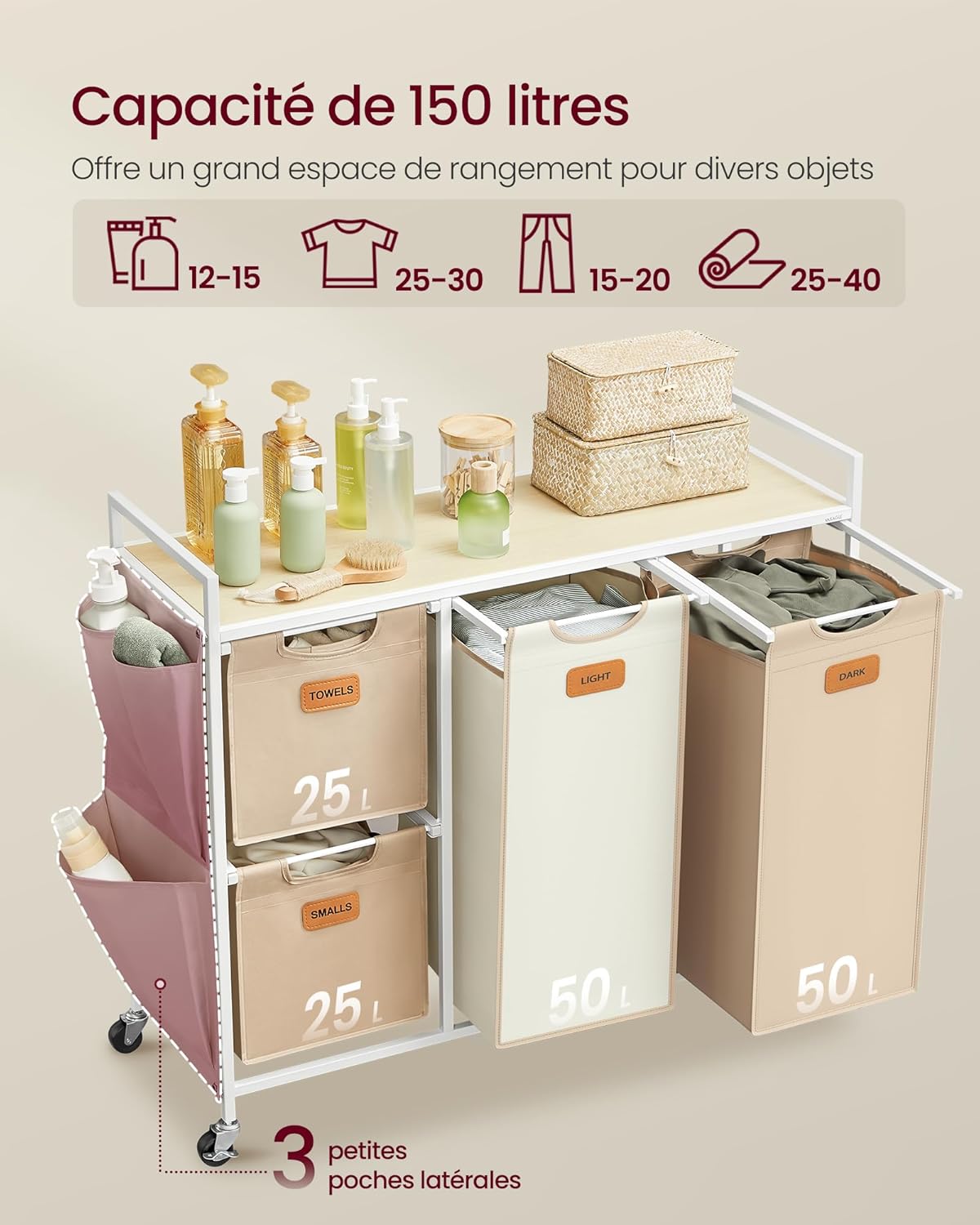 Detalle de VASAGLE Panier à Linge 4 Compartiments – Chariot mobile 150 L avec Étagères et Roulettes