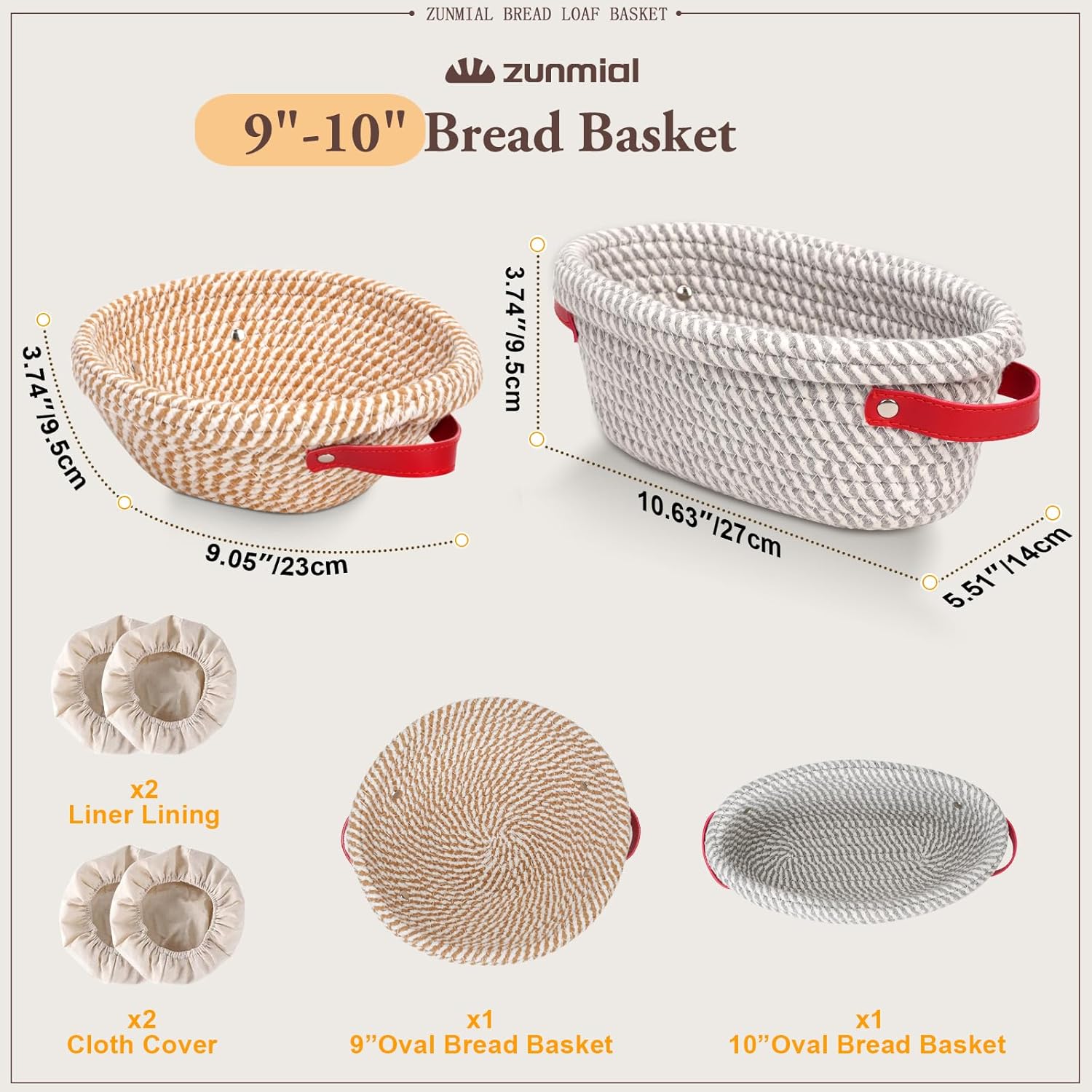 Thumbnail 2 de Zunmial banneton proofing baskets (10 inch oval + 9 inch round) with liner & cover