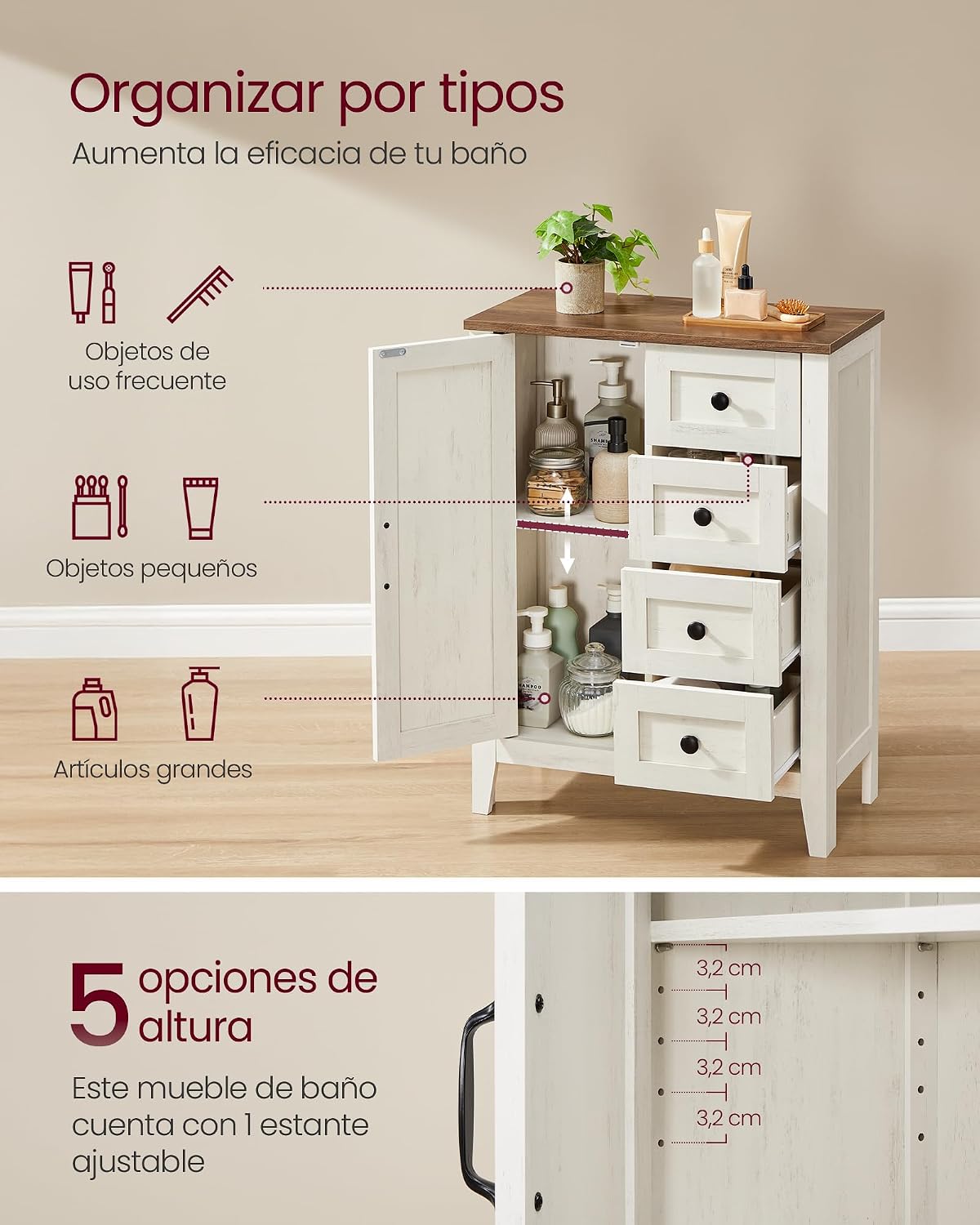 Detalle 2 de VASAGLE LIRY Armario baño blanco rústico 4 cajones