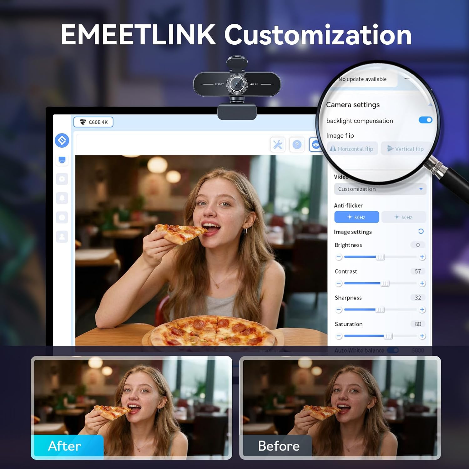Detalle de EMEET C60E 4K Webcam with PDAF Autofocus, Dual Mics and Light Correction