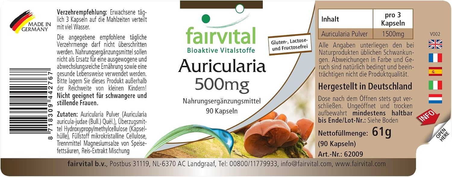 Detalle de Fairvital Auricularia 500mg Kapseln – Hochdosiert, vegan, 90 Stück