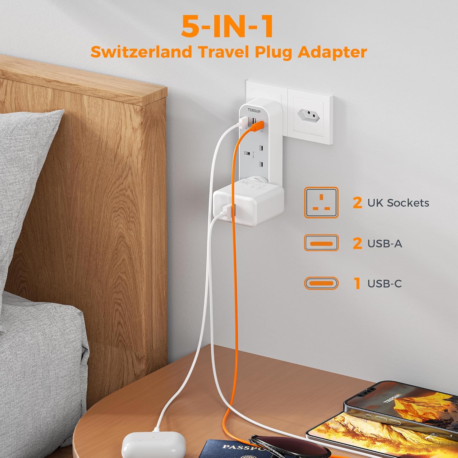 Thumbnail 2 de TESSAN UK to European Plug Adapter with 3 USB (1 USB-C) – Type E/F Schuko Travel Adapter for EU & more