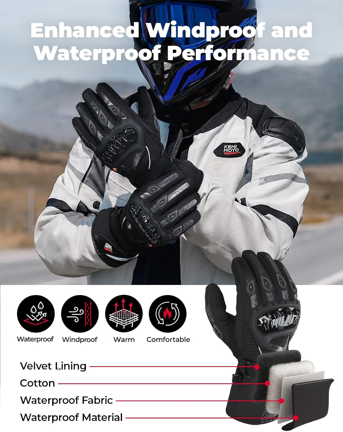 Detalle 2 de KEMIMOTO Winter Motorcycle Gloves L, Touchscreen