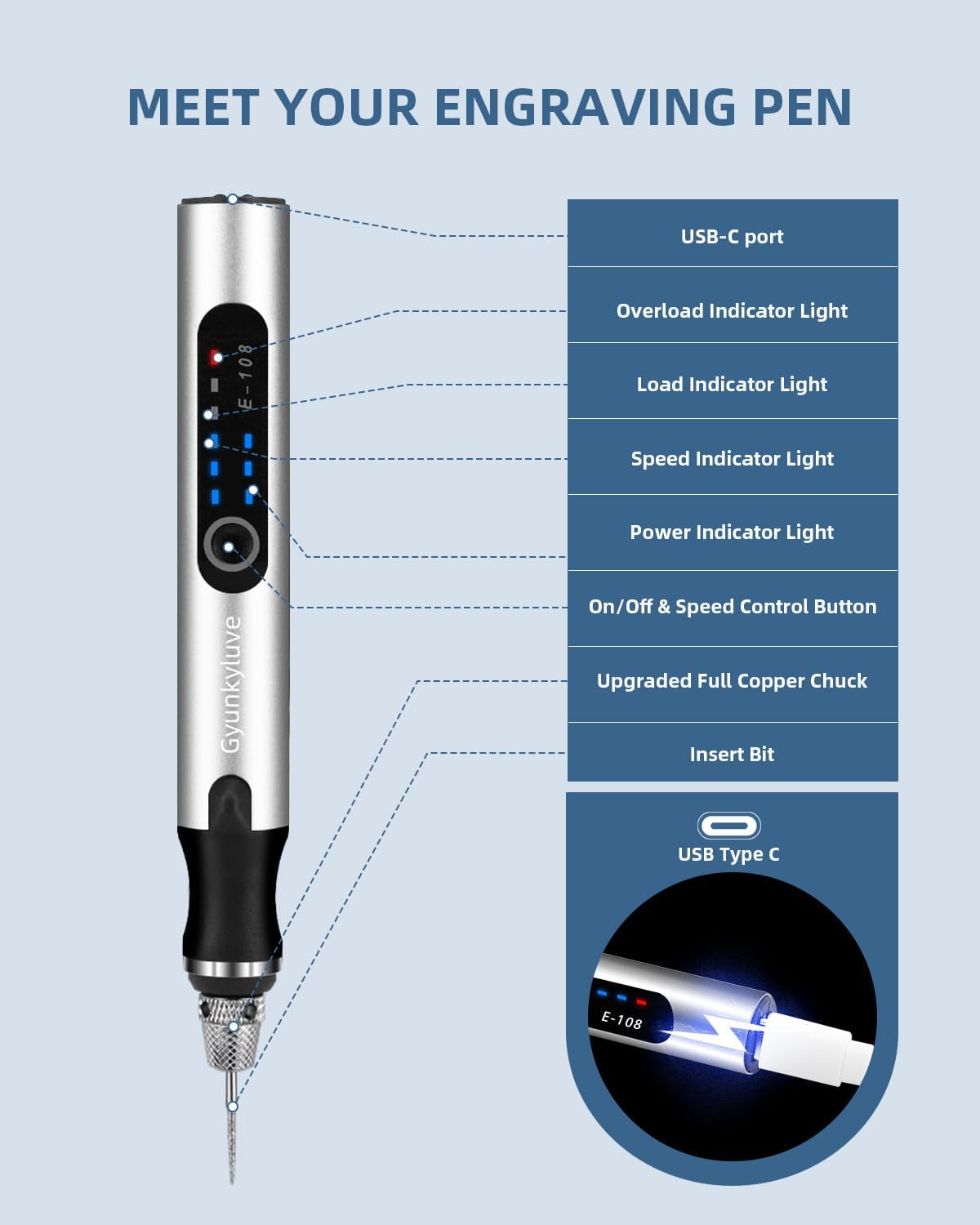 Thumbnail 4 de Gyunkyluve Electric Engraving Pen Wireless Kit with 60+ Accessories (3-Speed, Cordless) - Silver