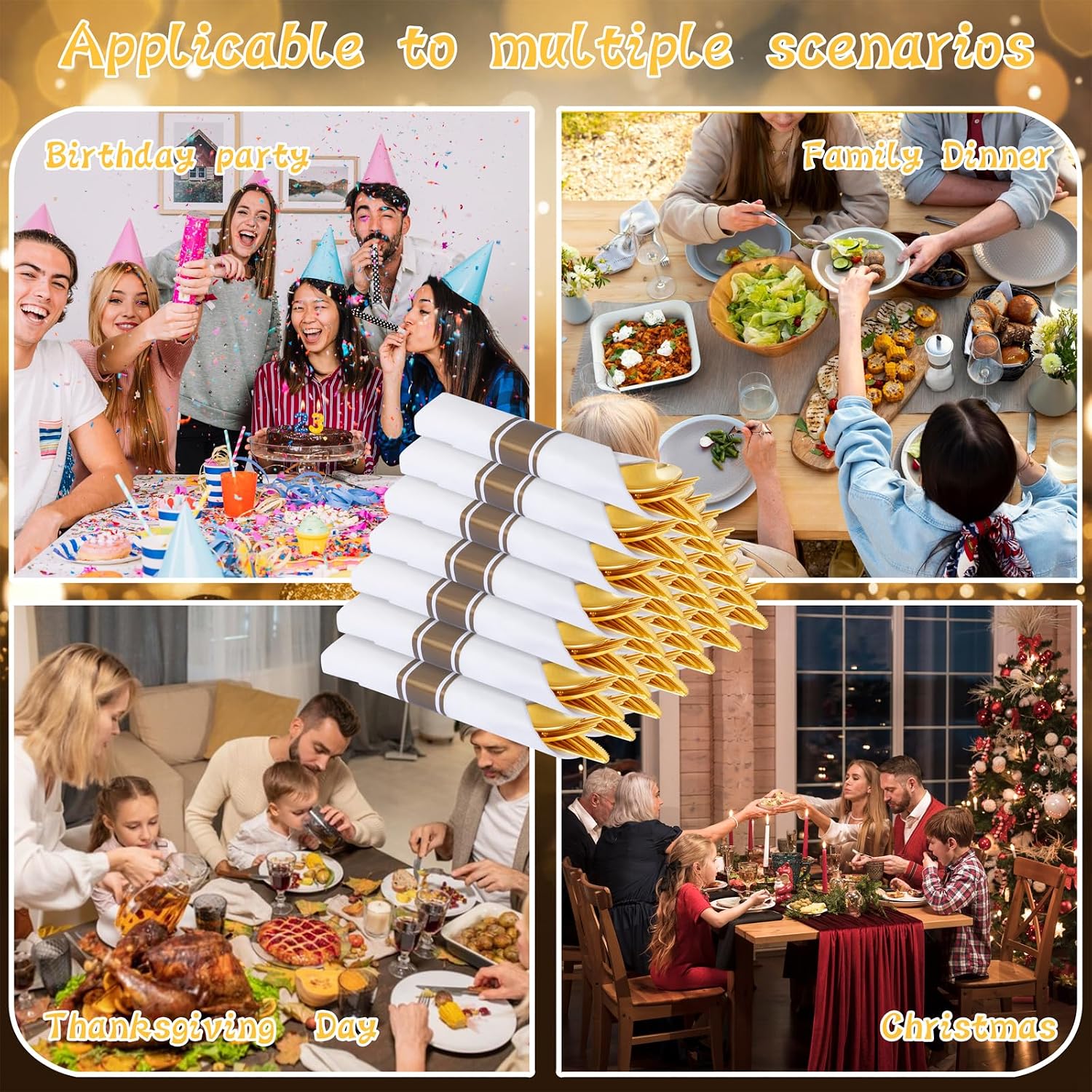 Thumbnail 6 de Supernal 100 Pack Gold Plastic Silverware with Napkins – Pre-Rolled & Wrapped, Heavy Duty Gold Disposable Utensils Set