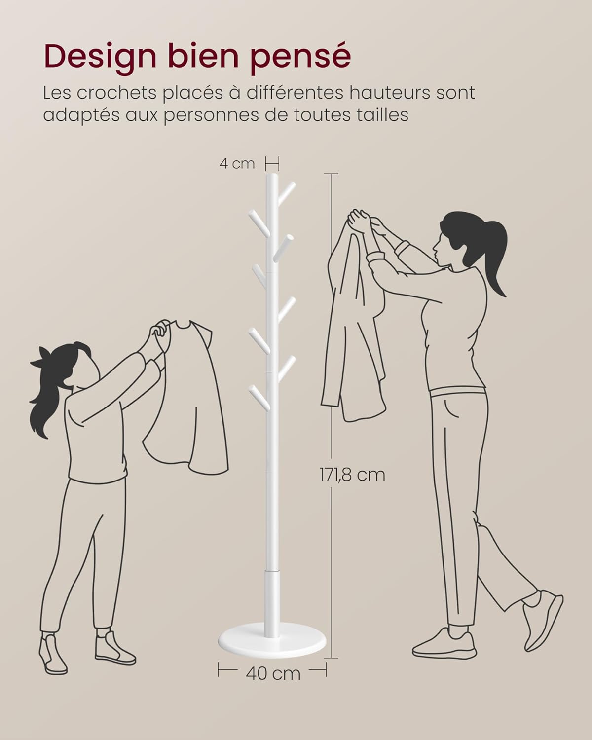 Detalle de VASAGLE Portemanteau en bois Hévéa – Portant à Vêtements sur pieds, 8 crochets, blanc nuage RCR009WH01