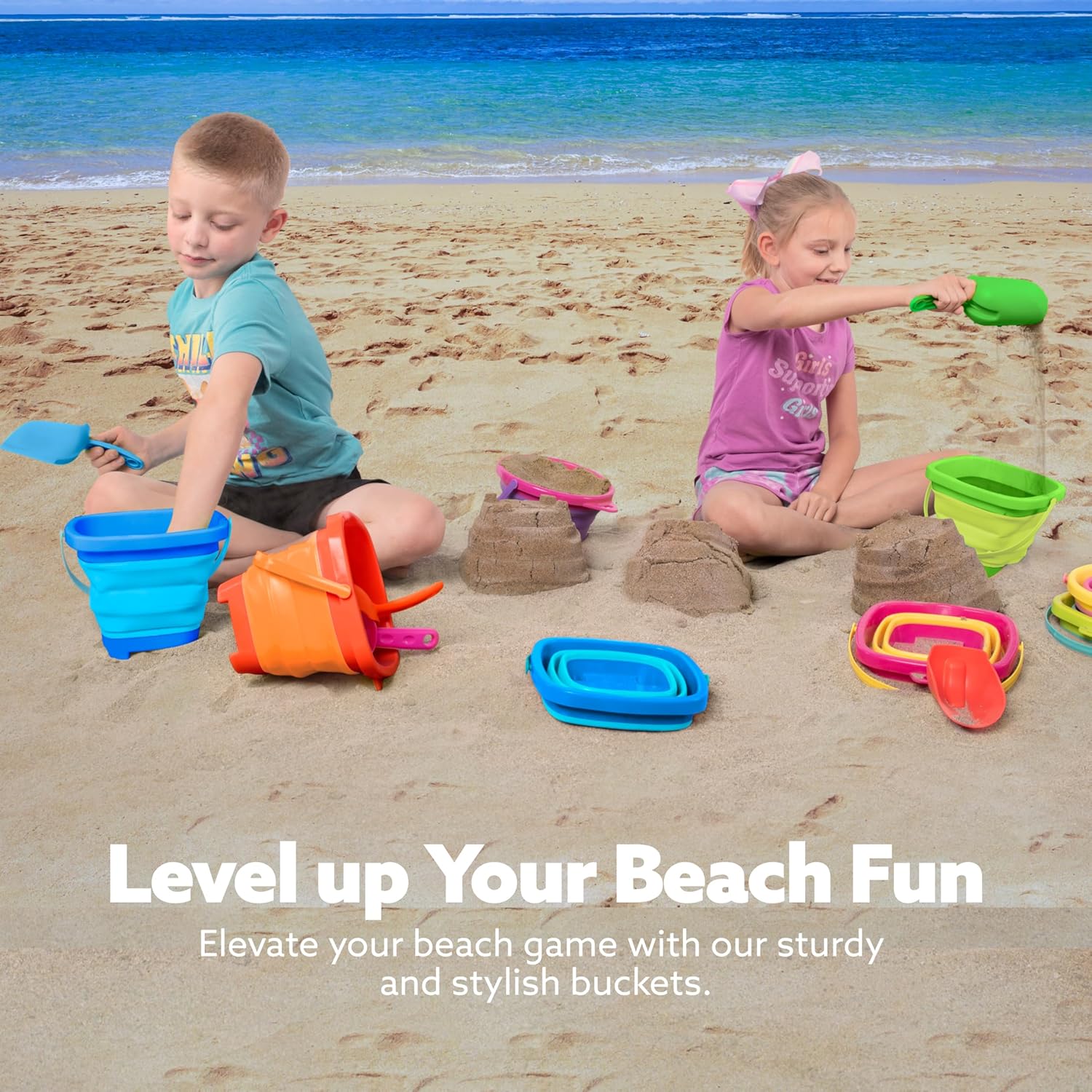 Thumbnail 6 de Sloosh 3-Pack Collapsible Sand Toys: Square Foldable Pails with 3 Shovels (Orange/Blue/Green)