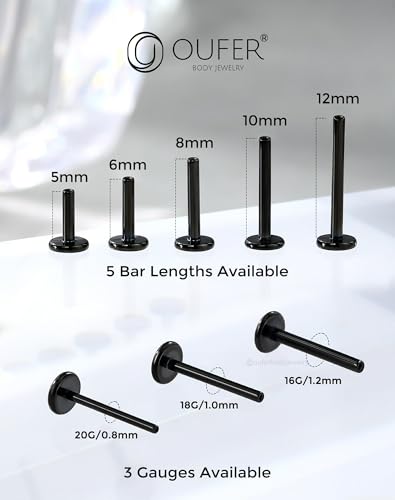 Detalle de OUFER Body Piercing Labret en titanio negro con sistema threadless/push-in (16G/18G/20G)