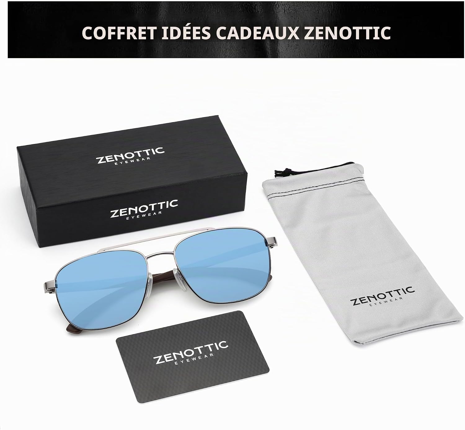 Detalle de ZENOTTIC Lunettes de soleil polarisantes pilote homme – monture carrée en bois et métal