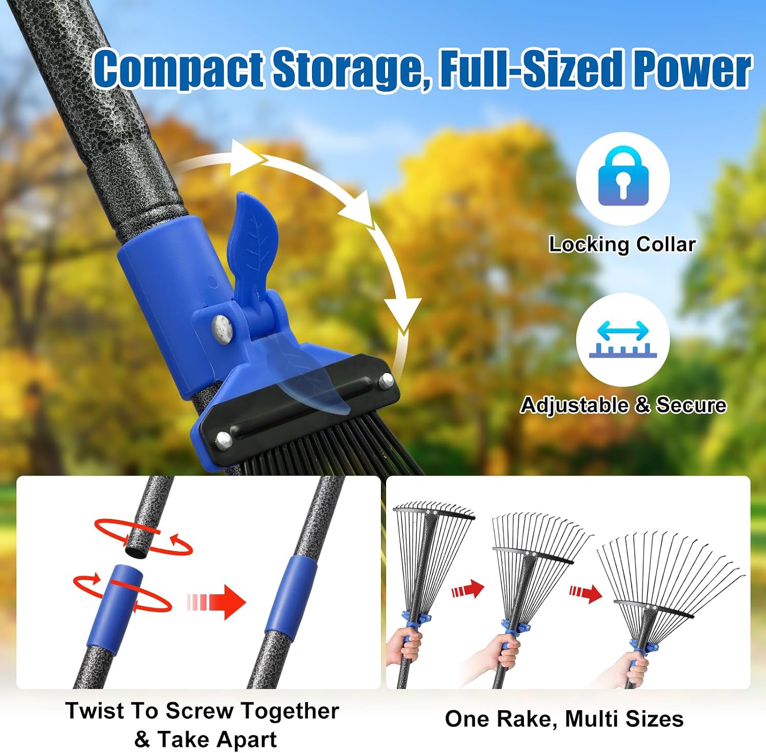 Detalle de DEROFIT 18chiSSLYP-SLS-5jie Garden Rake, 67-Inch Metal Handle, Expandable Head