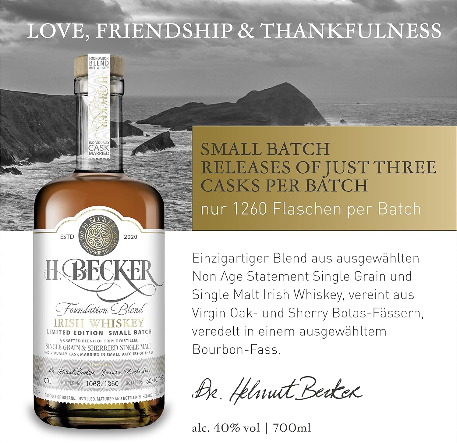 Detalle 2 de H. Becker Irish Whiskey Foundation Blend I – Limitierter Small Batch, 0,7 L, 40% Vol.