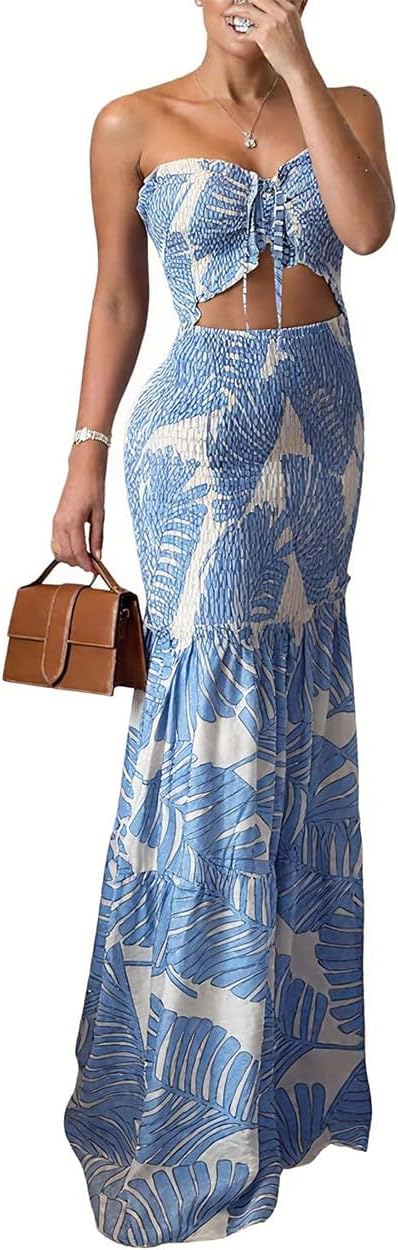 Detalle de CHICME Floral Printed Vacation Dress Halter Tie Ruched Shirred Bandeau Party Dress
