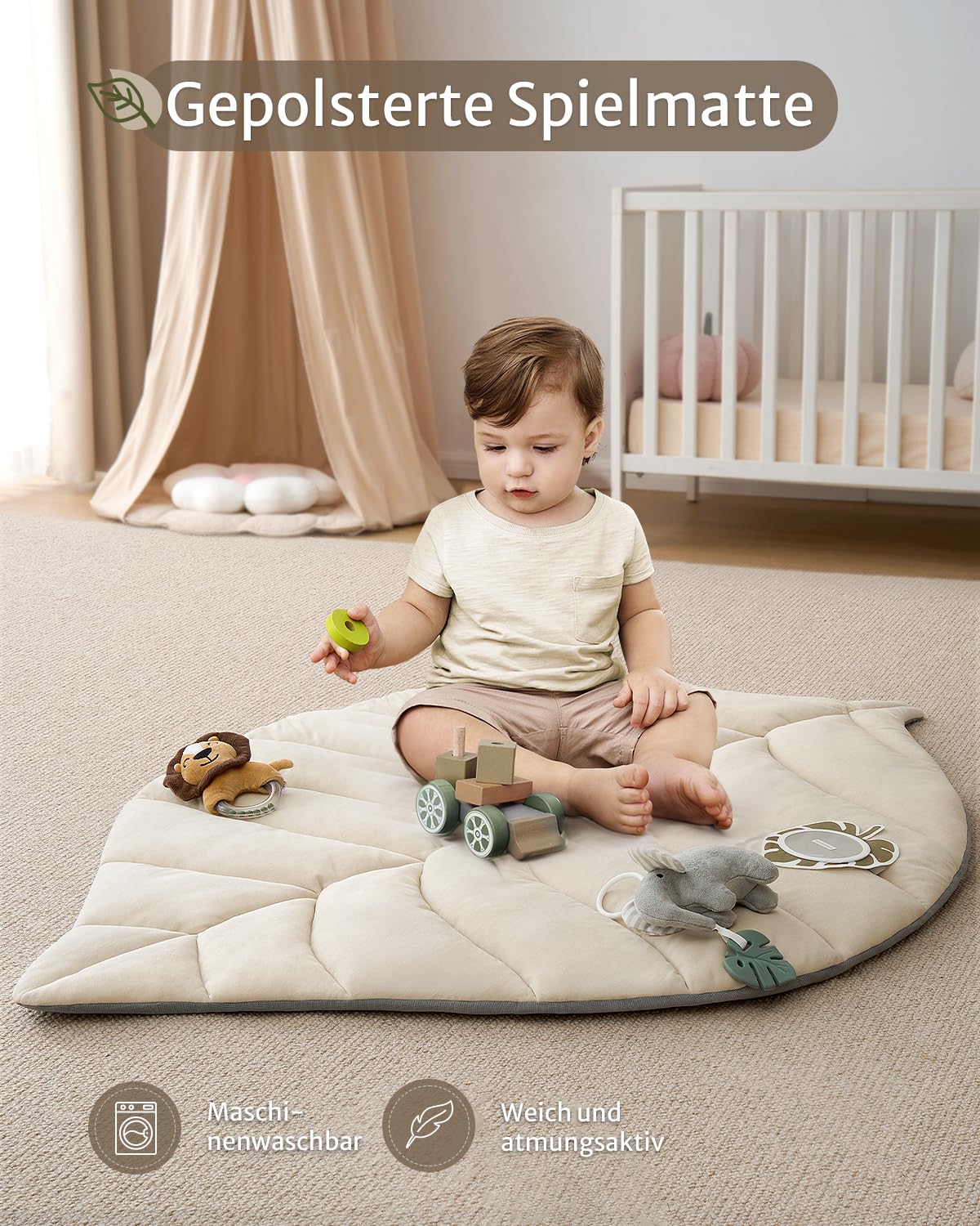 Detalle de Blissful Diary Spielbogen Baby – übergroße Blattförmige Spieldecke mit 6 abnehmbaren Spielzeugen