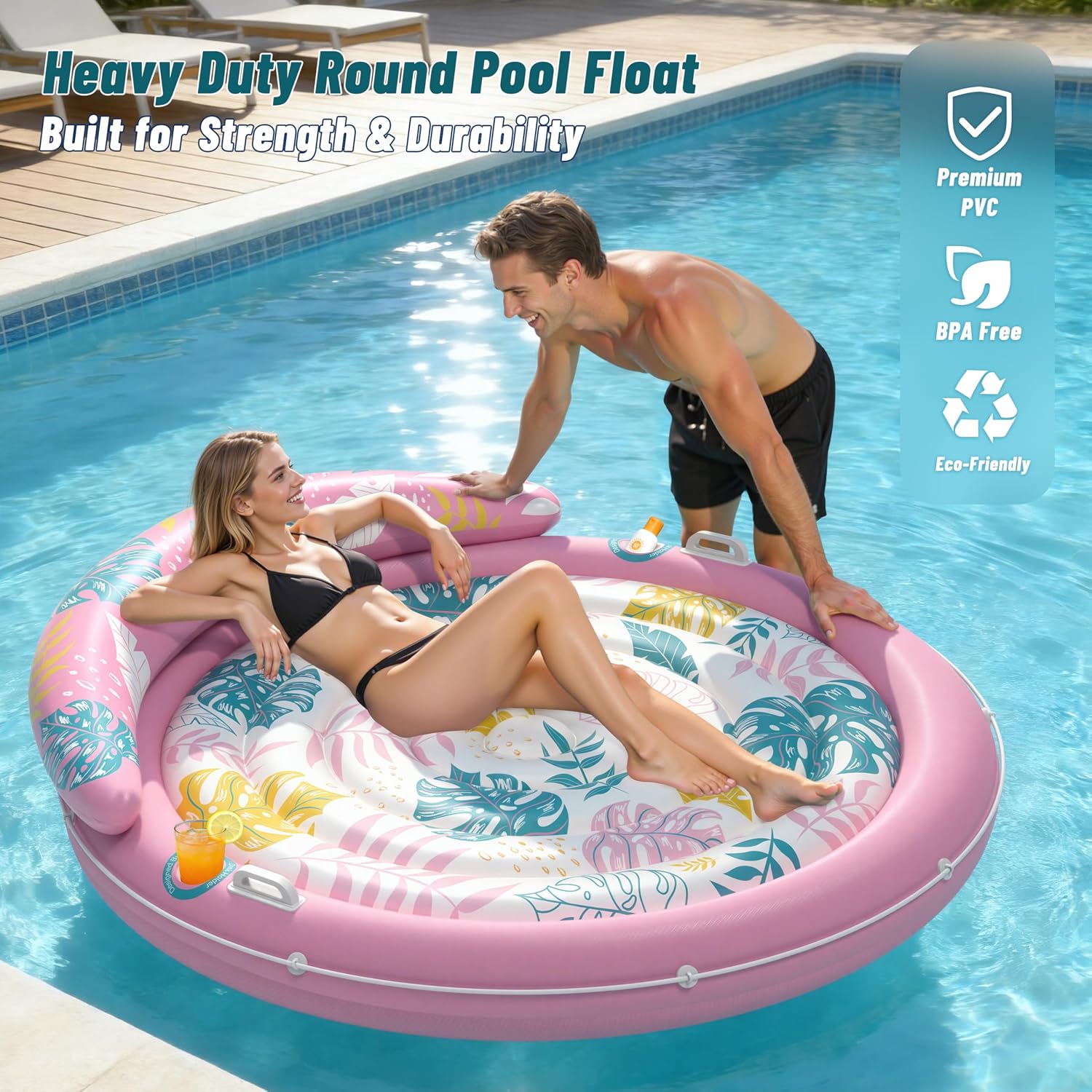 Detalle de JOSEN Pool Floats Adult: Extra Large Inflatable Tanning Lounger with Cup Holders