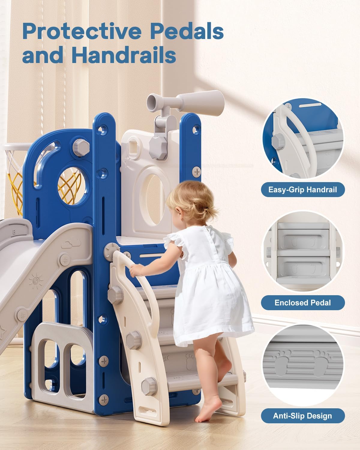 Detalle 2 de Babytronic 6-in-1 Toddler Slide: Indoor/Outdoor Climber with Basketball Hoop and Telescope