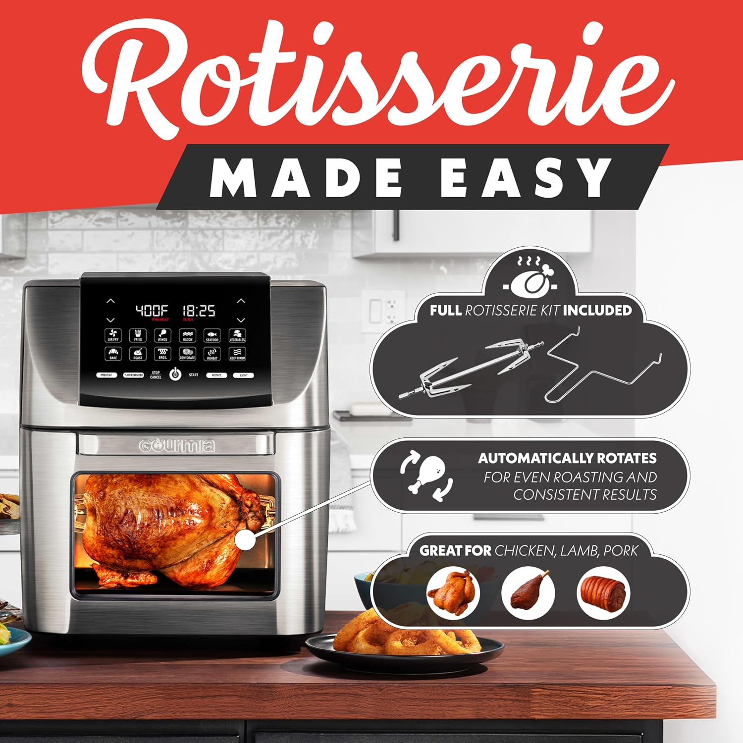 Detalle 2 de Gourmia 14 Qt Air Fryer All-in-One Rotisserie Oven with Digital Display, 12 Presets, 1750W