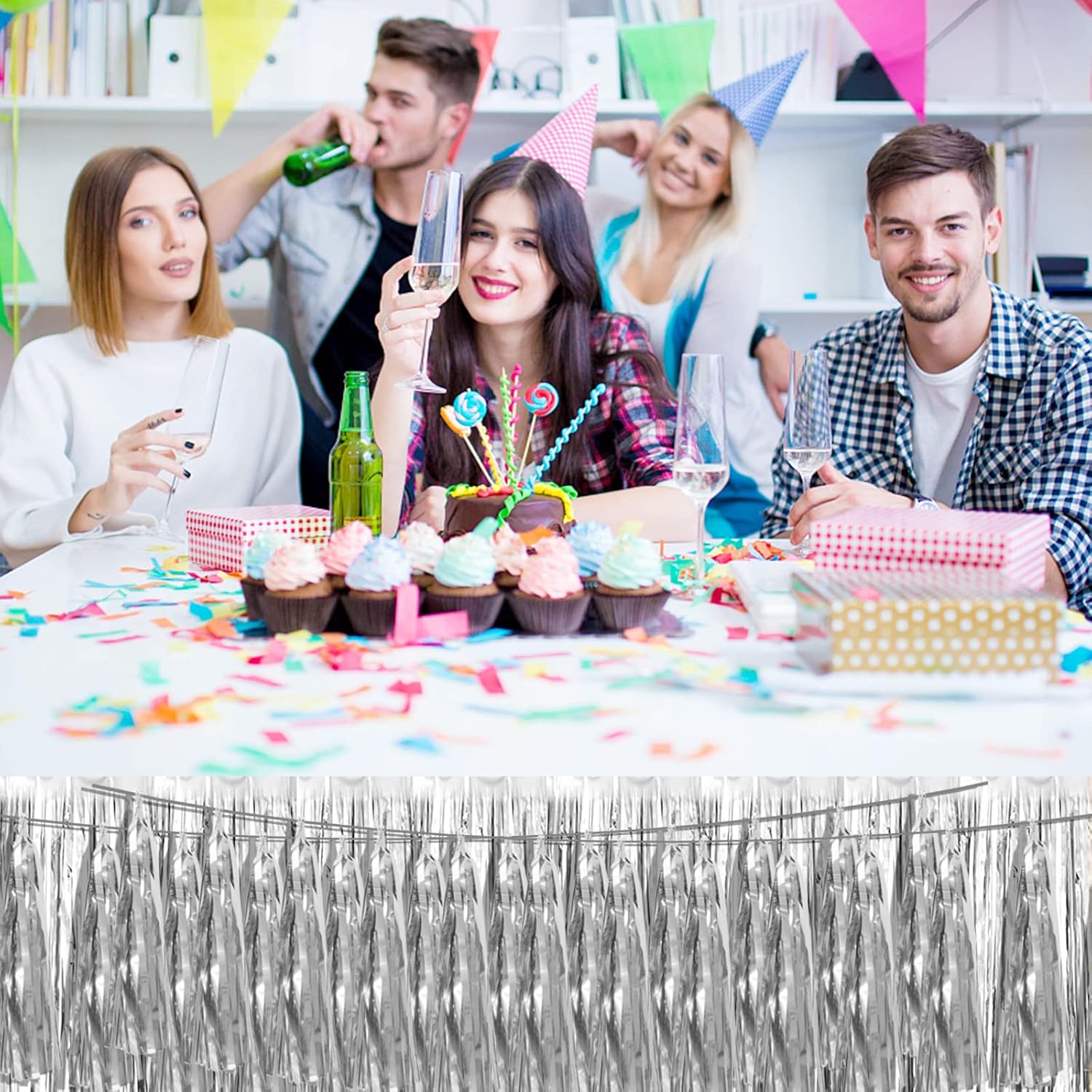 Thumbnail 4 de 3P Silver Foil Fringe Tassel Banner – 29.5 ft Metallic Tassel Garland (3 Strips, 45 Tassels) for Party Decorations