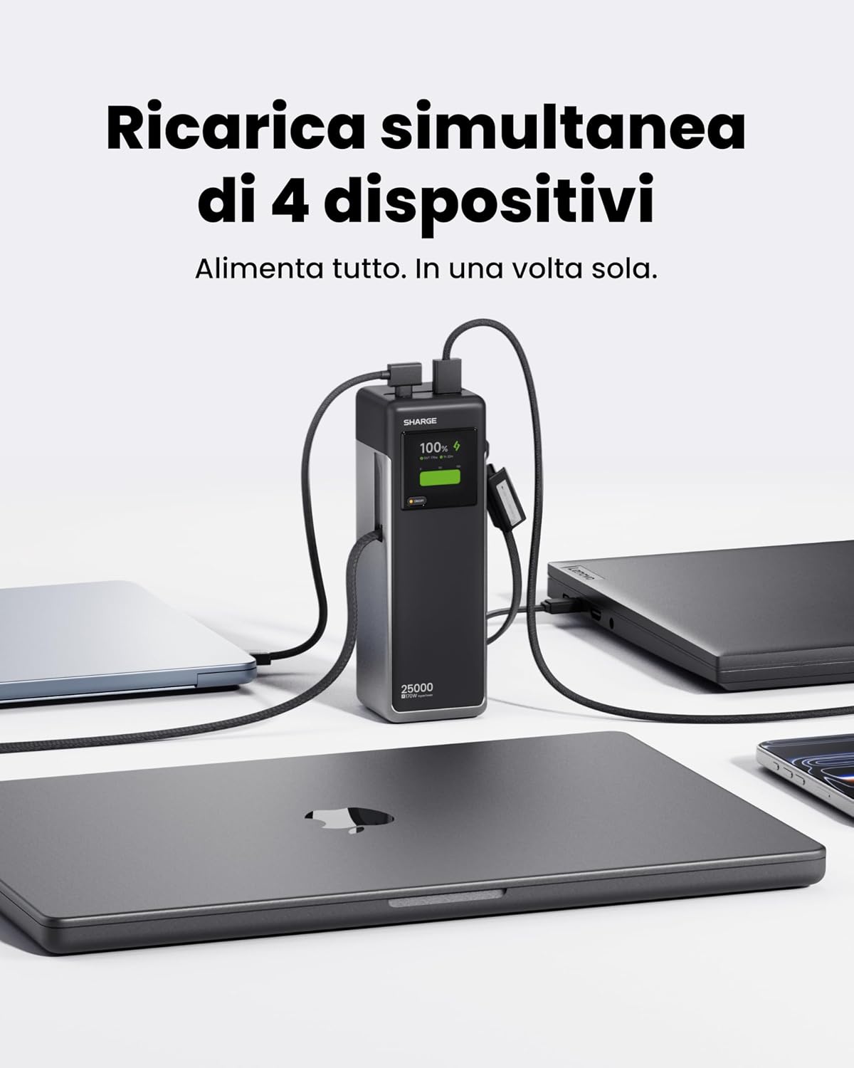 Detalle de SHARGE Power Bank Portatile HyperTower 170W: Batteria da 25000mAh con 4 uscite indipendenti e cavi USB-C integrati