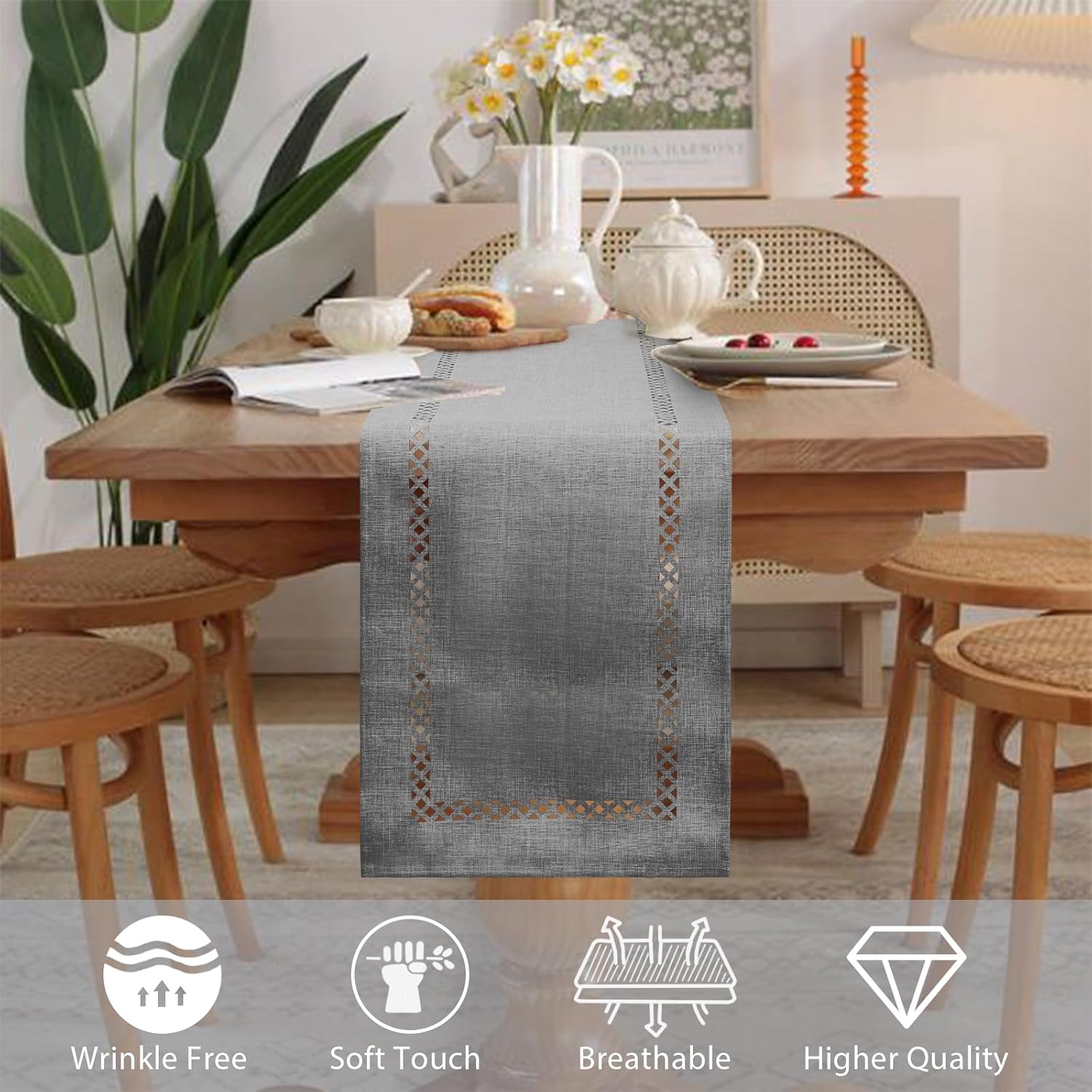 Detalle 2 de BAZIOE modern grey linen table runner with openwork pattern