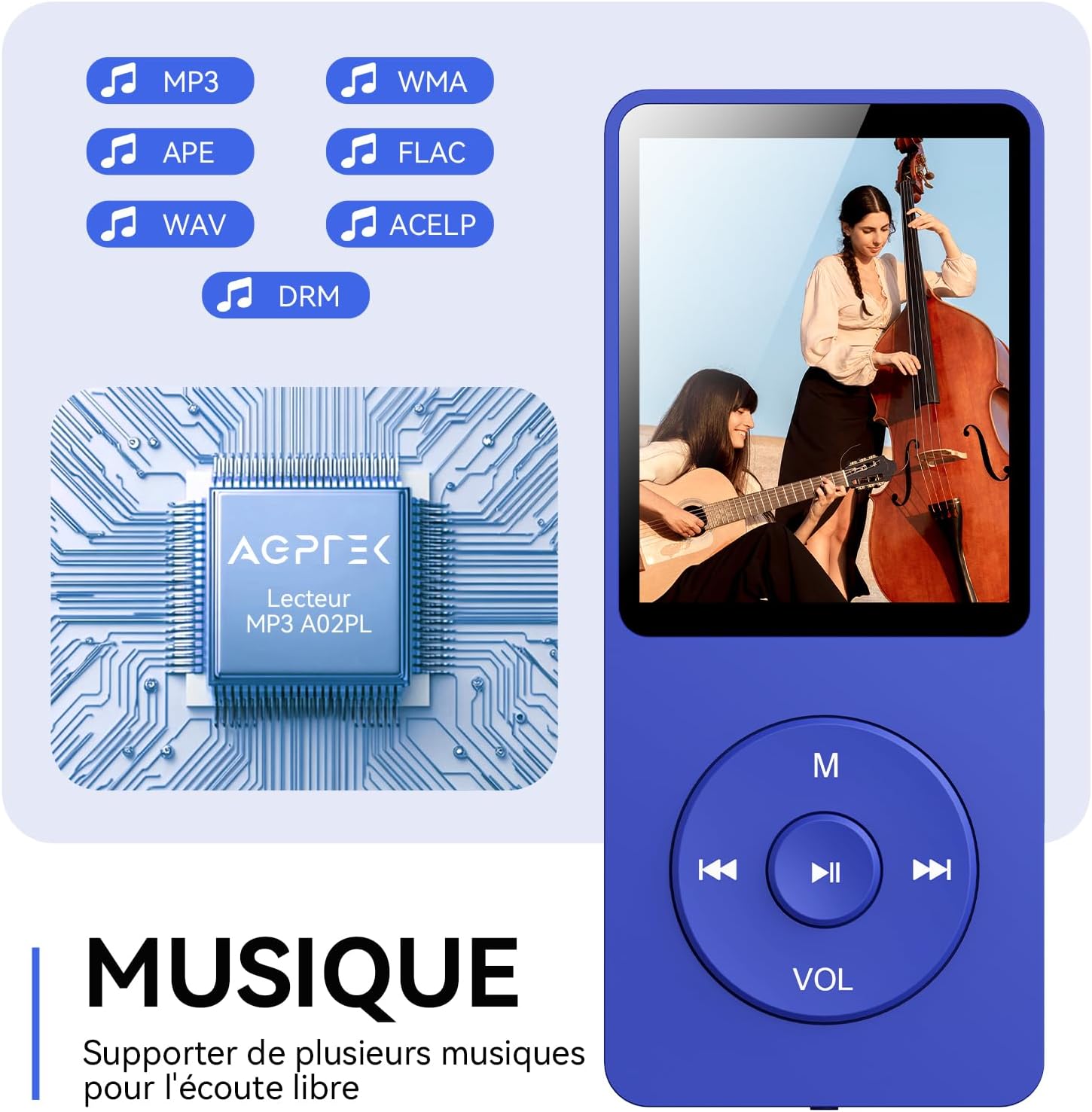 Detalle 2 de AGPTEK 64Go Lecteur MP3 Classique – Ultra léger, autonomie 70h, sans Bluetooth, bleu